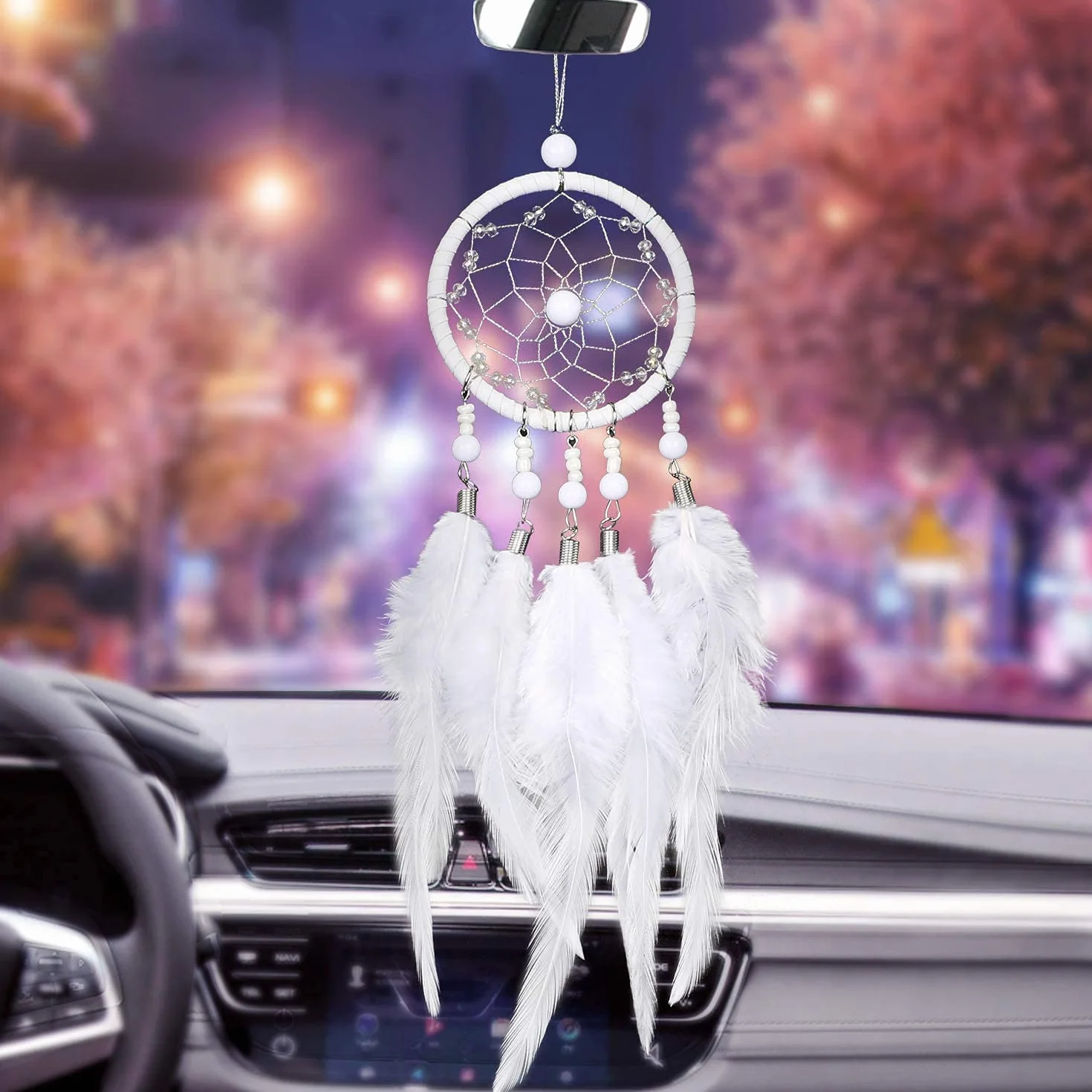 Atrapasueños Hecho a Mano Colgante para Coche Adorno Espejo Retrovisor Boho (Blanco)
