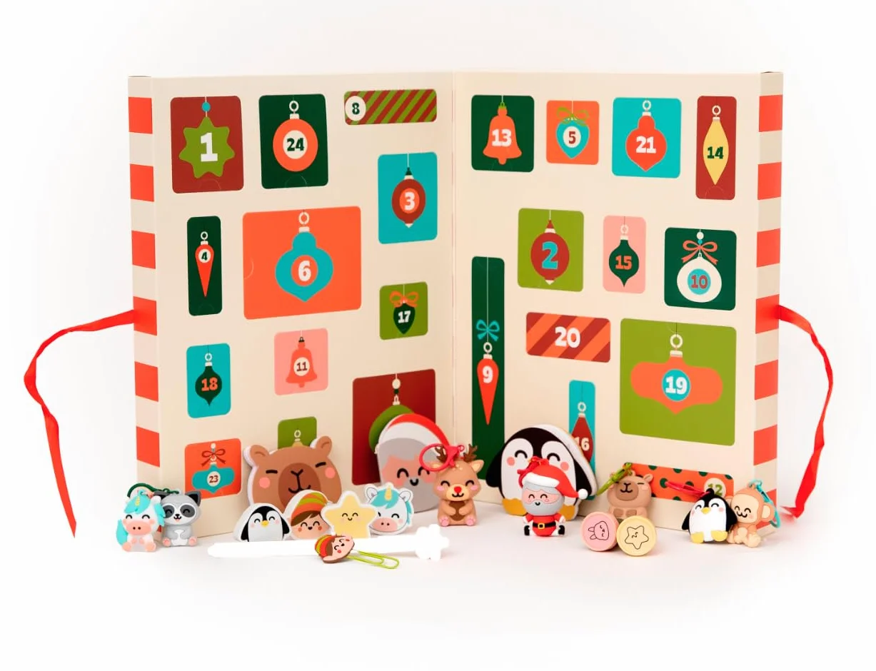 Mr. Wonderful Calendario de Adviento 24 Sorpresas Llaveros Sellos Gomas Pegatinas Minilibretas Muñequitos 3D Bolígrafo Bo-Bo Regalo Original Navidad