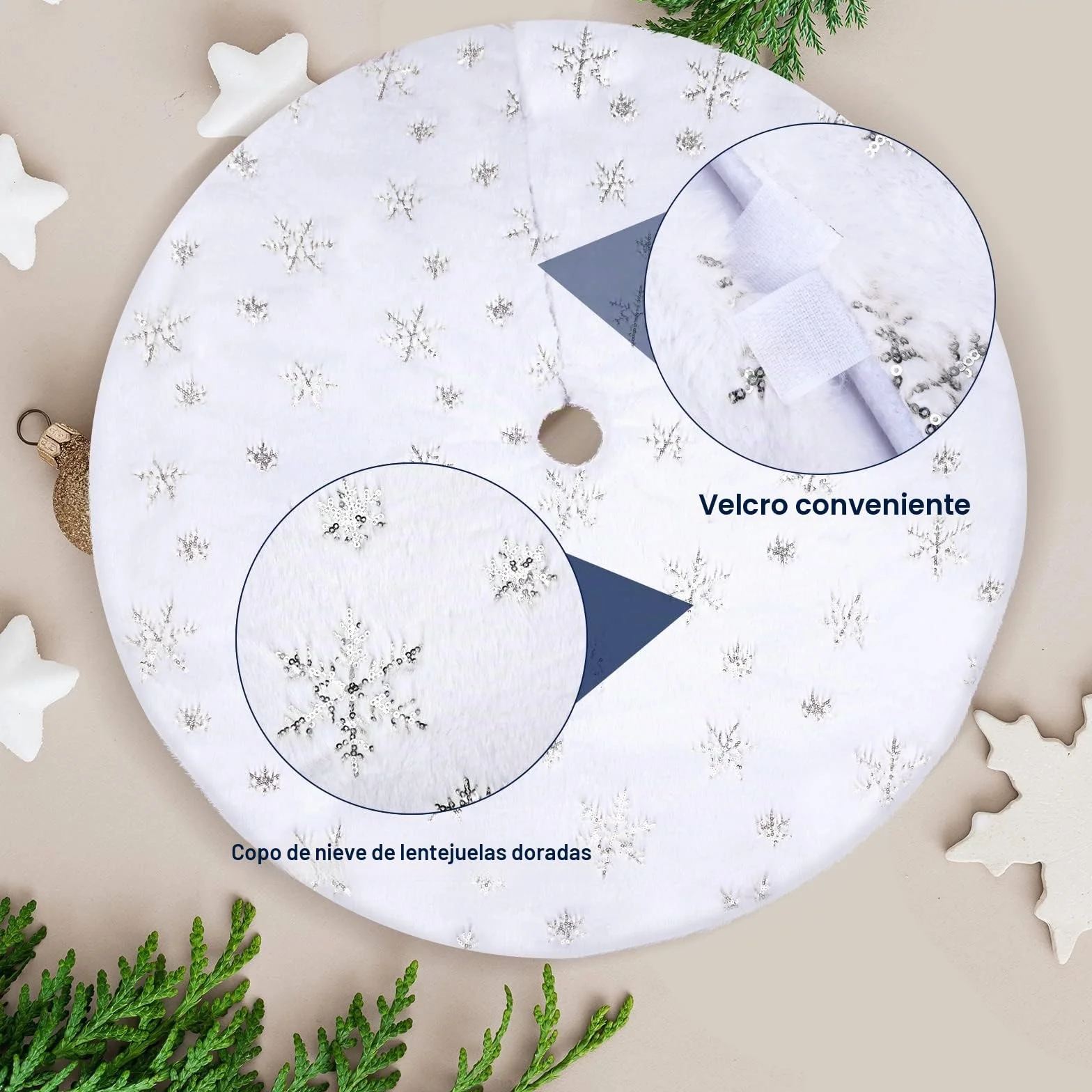 Falda Árbol de Navidad Blanco 78 cm Cubre Pie Árbol de Navidad Alfombra de Felpa con Lentejuelas Copo de Nieve Plata