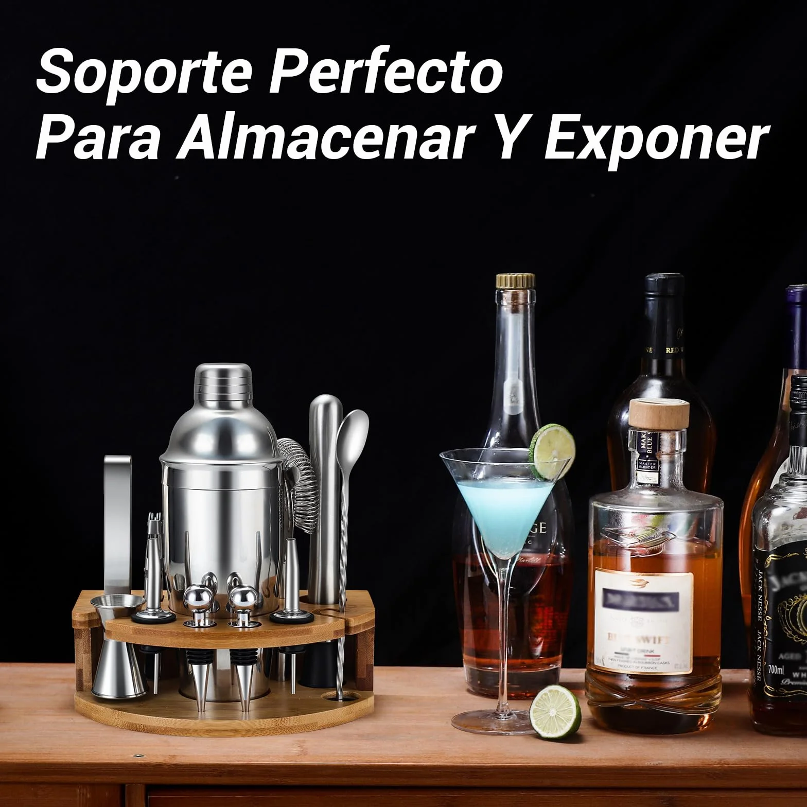 Coctelera Kit de Acero Inoxidable 12 Piezas con Shaker 750 ml, Soporte Incluido