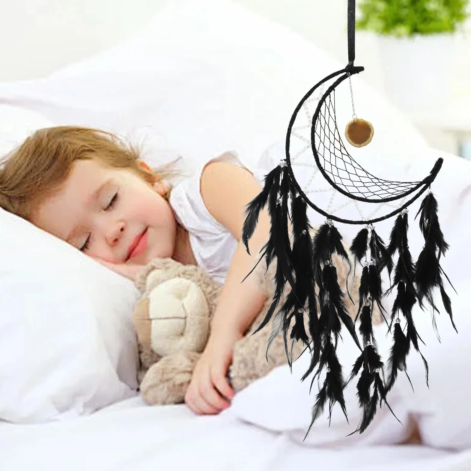 Atrapasueños de Luna Hecho a Mano para Colgar en la Pared, Estilo Bohemio, Negro
