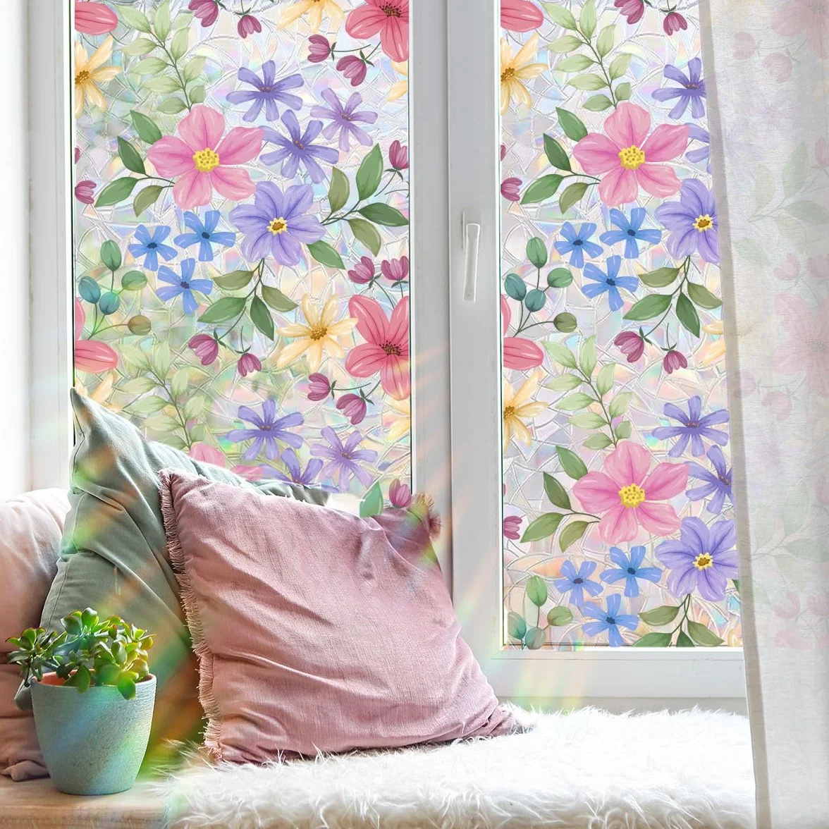 Runtoo 3D Vinilo Decorativo Vidrieras de Jardín Película de Privacidad para Ventana, Hojas Florales, Arcoíris, 17 x 40 Pulgadas