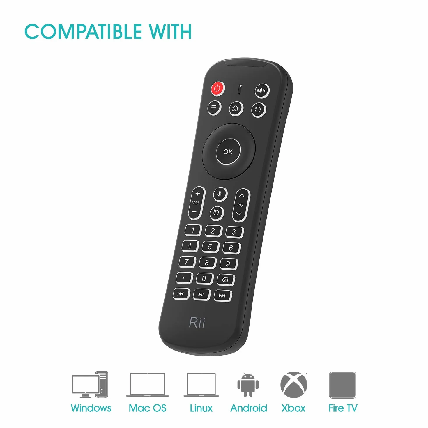 Rii MX6+ Wireless + IR - Control Remoto con Gyro Mouse, Teclado retroiluminado y micrófono para Android Smart TV, TV Box, PC y Mac
