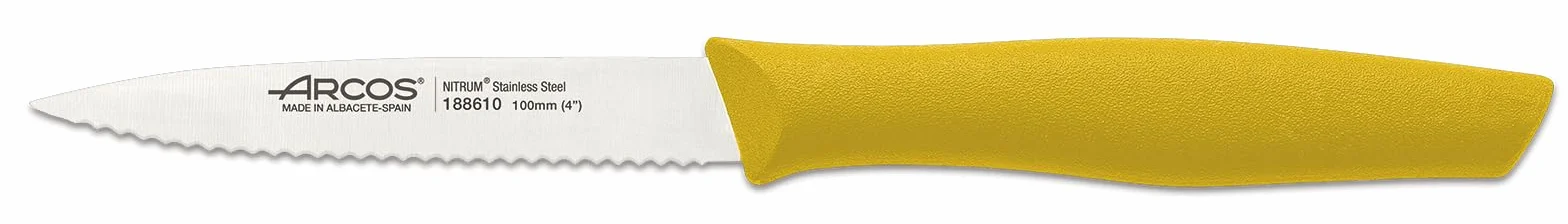 Arcos Serie Nova - Cuchillo Mondador - Hoja Serrada de Acero Inoxidable de 100 mm - Mango de Polipropileno Color amarillo