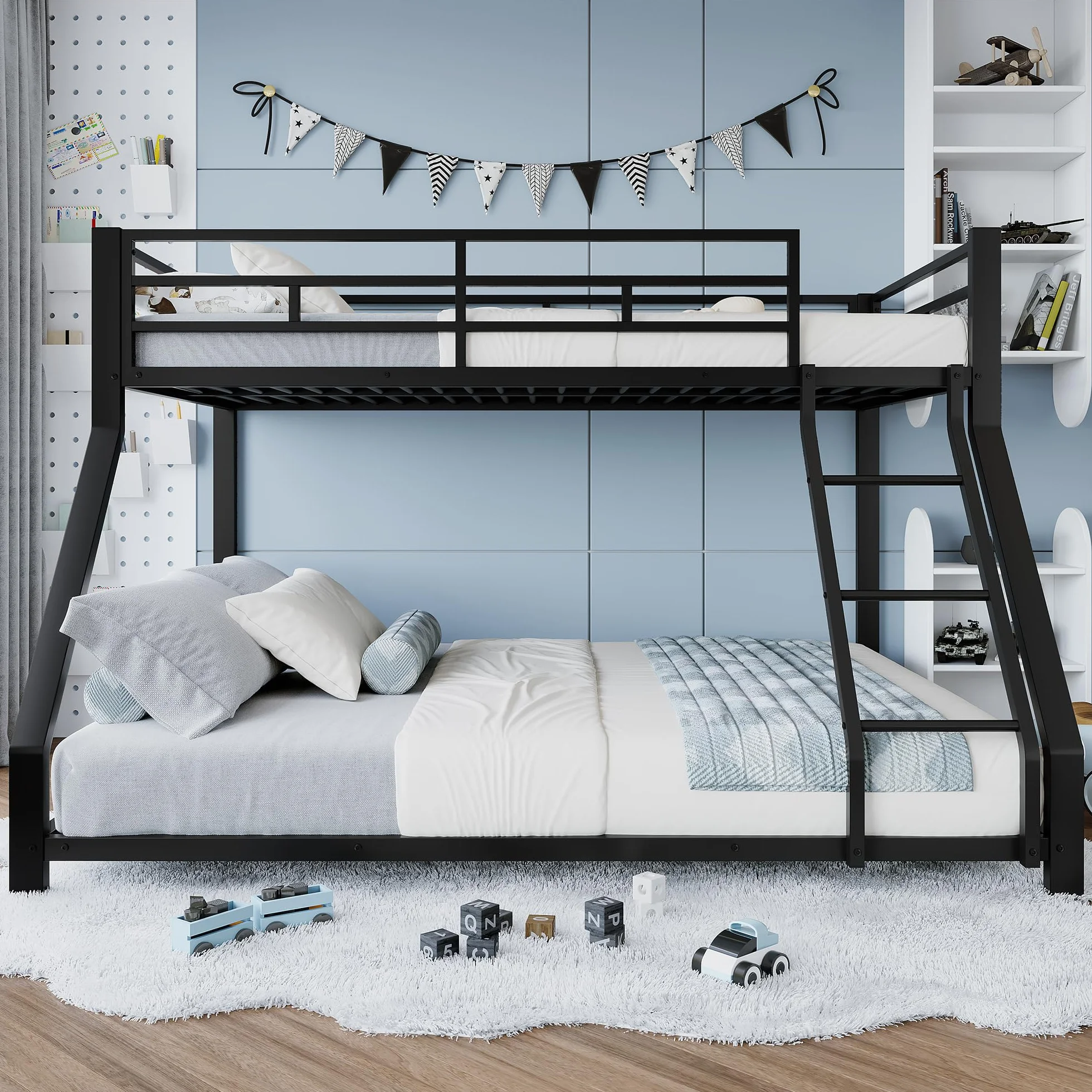 Litera doble para niños, barandilla, con escalera segura, sin colchón, diseño elegante, adecuado para cualquier decoración de habitación infantil, metal, 90 x 200 cm, 140 x 200 cm (negro)
