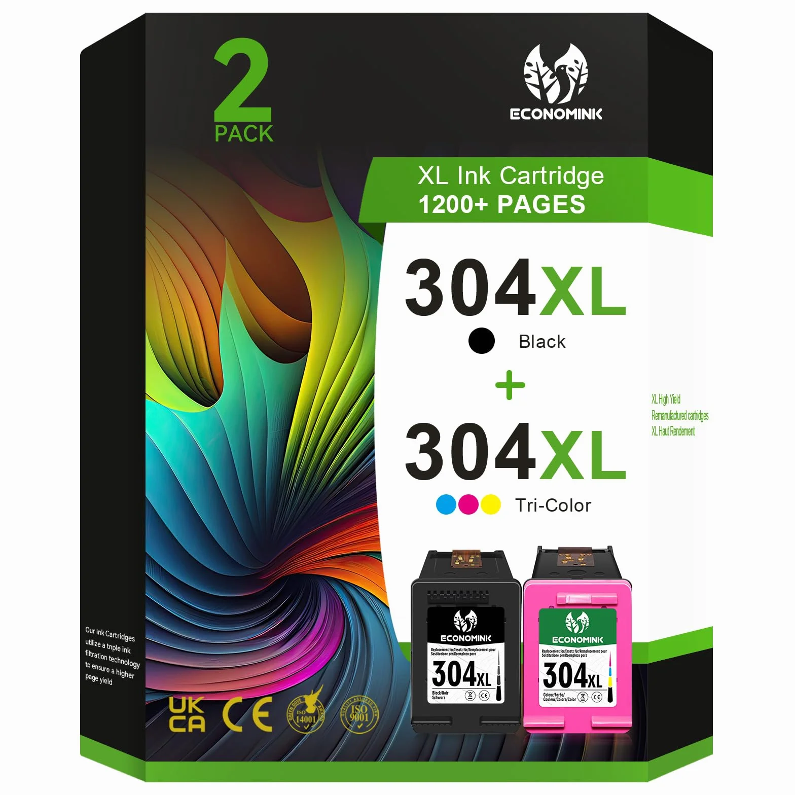 Economink 304XL Cartucho de Tinta, 304 XL Negro y Tricolor Remanufacturado para Cartucho HP 304, para DeskJet 3760 2630 2632 3762 3750 2622 3730 3735 2620 2633, Envy 5020 5032 Impresoras, Pack de 2