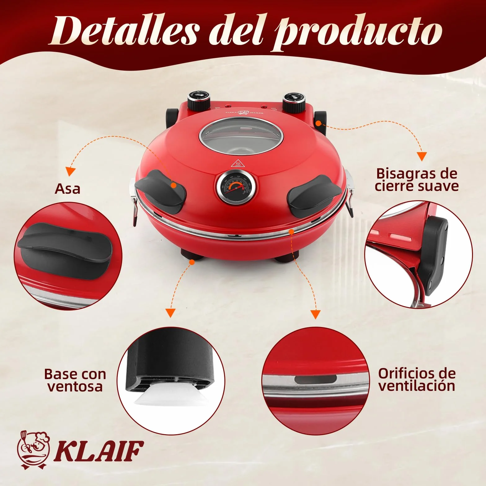 KLAIF Horno eléctrico para pizza 31 cm con piedra de cerámica, controles de temperatura ajustables, 4 herramientas, rojo