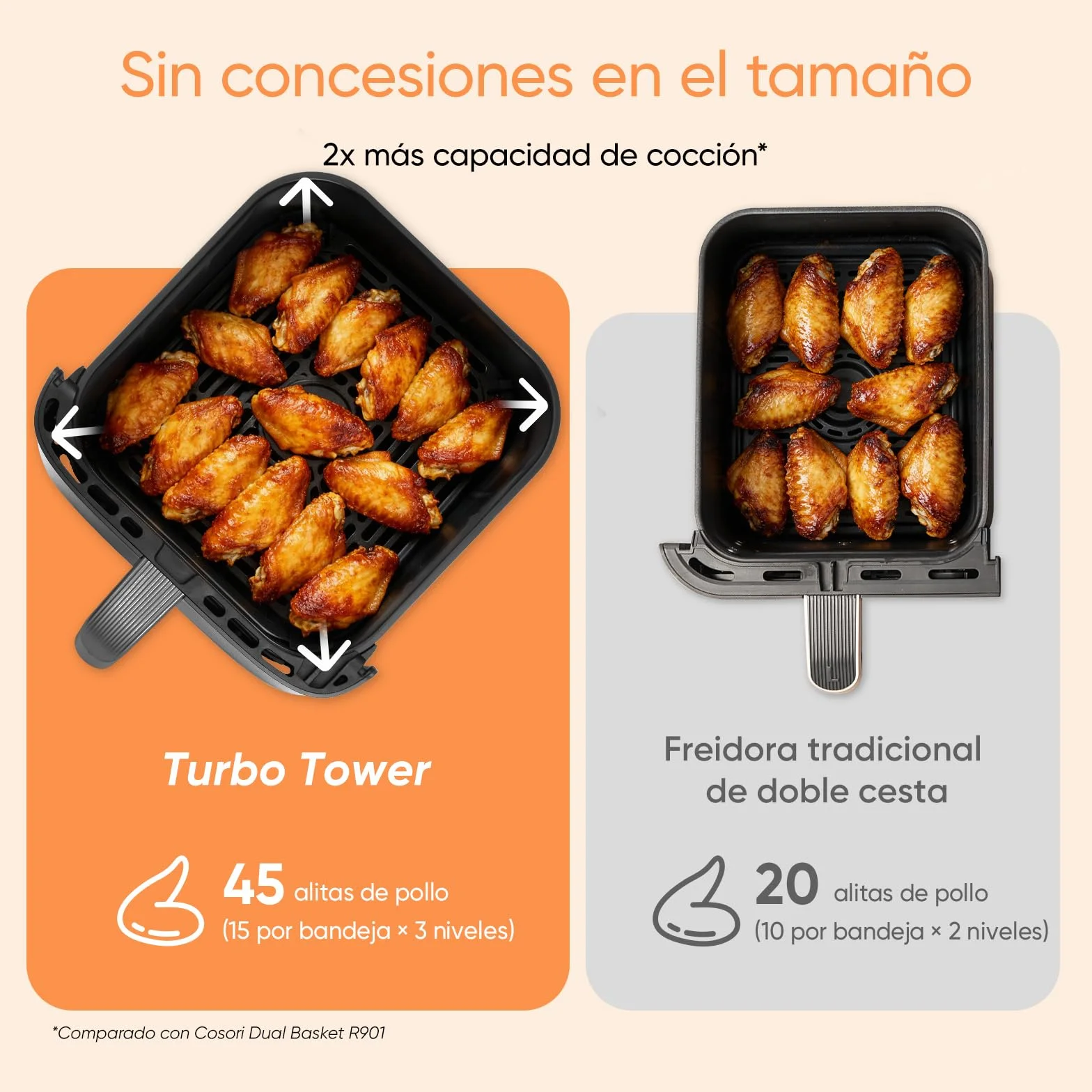 Cosori Freidora de Aire Turbo Tower Grande 10.8L Doble Cesta Vertical Turbo Blaze 6 en 1 2630W