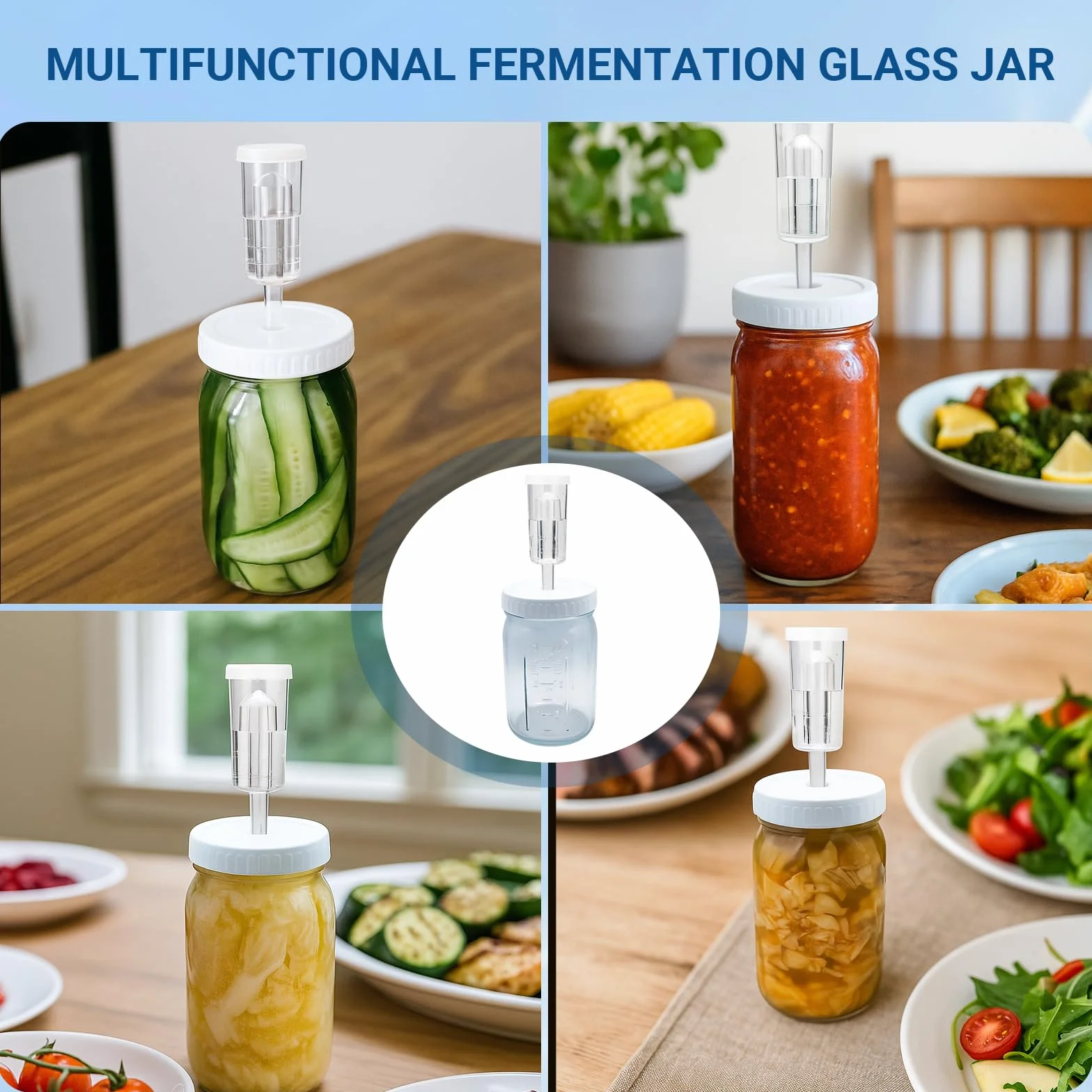 Juego de 2 vasos de fermentación de 1 litro con esclusa de aire, cristal transparente para kimchi y encurtidos