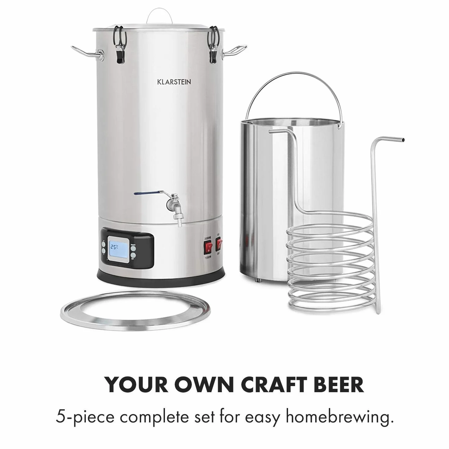 Klarstein Maischfest Caldera Máquina Cerveza Artesanal 30L 1500/3000W Acero 304 5 Piezas Gris