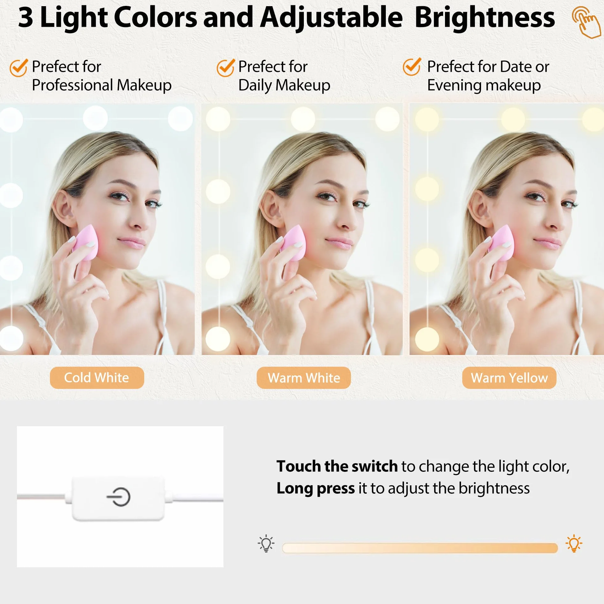 ANWBROAD Tocador de Maquillaje con Luces LED Regulables y Espejo 7 Cajones Blanco 140x110x40cm BDT83W