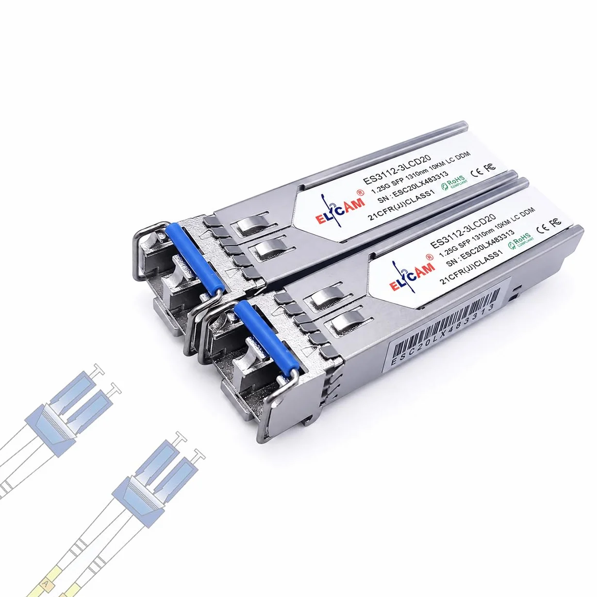 Elfcam® - 2 Pack 1.25 Gbps SFP Fibre Optic Transceiver Module, LC/UPC Fibre Optic Connector Single Mode Duplex (OS2) 1310nm 10km DDM