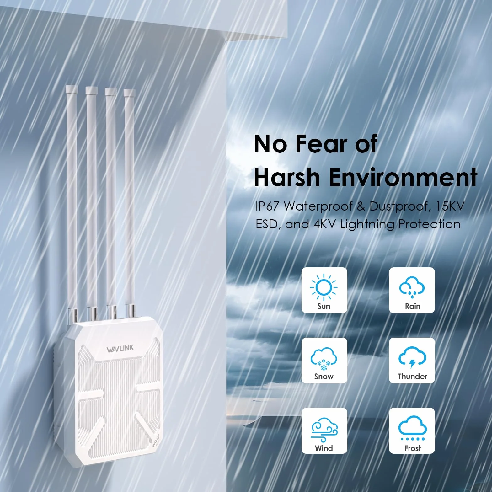 Router WiFi 7 WAVLINK Exterior BE5100 Mesh, Repetidor, Punto de Acceso, IP67 Impermeable, Protección Antirrayos 4KV, PoE Activo/Pasivo, Antenas 8dBi, Largo Alcance para Zonas Rurales y Empresas