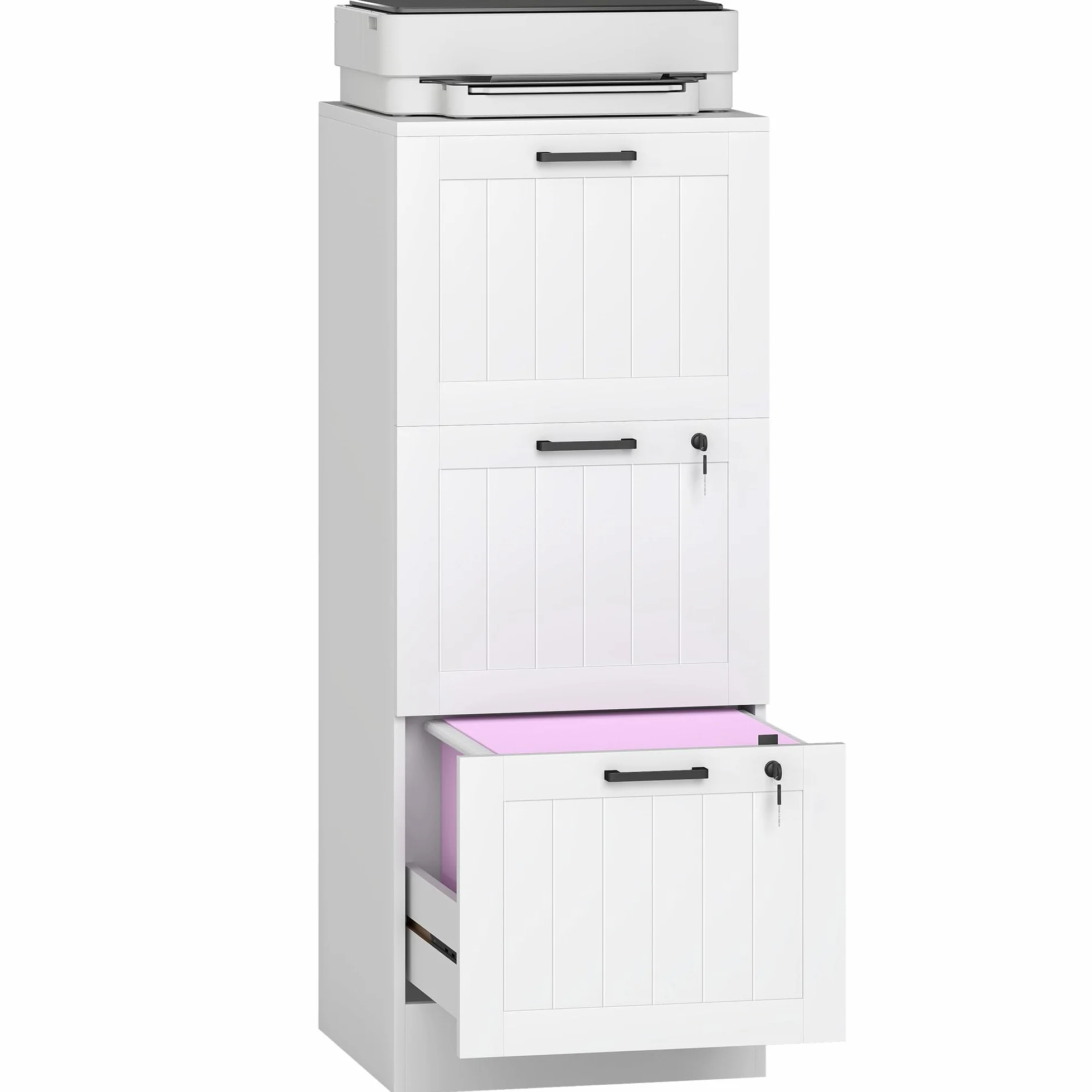 HOMCOM Cajonera Escritorio 3 Cajones, Mueble Archivador, 2 Cerraduras, Riel Colgante A4, 40x40x101 cm, Blanco