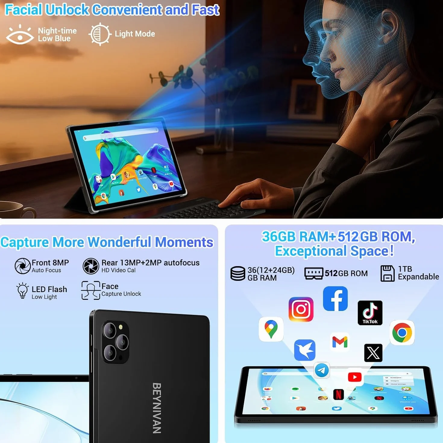 Android 16 Tablet 11 Pulgadas Gemini Ai Octa-Core T615 36GB RAM 512GB ROM Widevine L1 Netflix 1080P FHD 8000 mAh Cámara 16MP+8MP GPS Teclado Negro