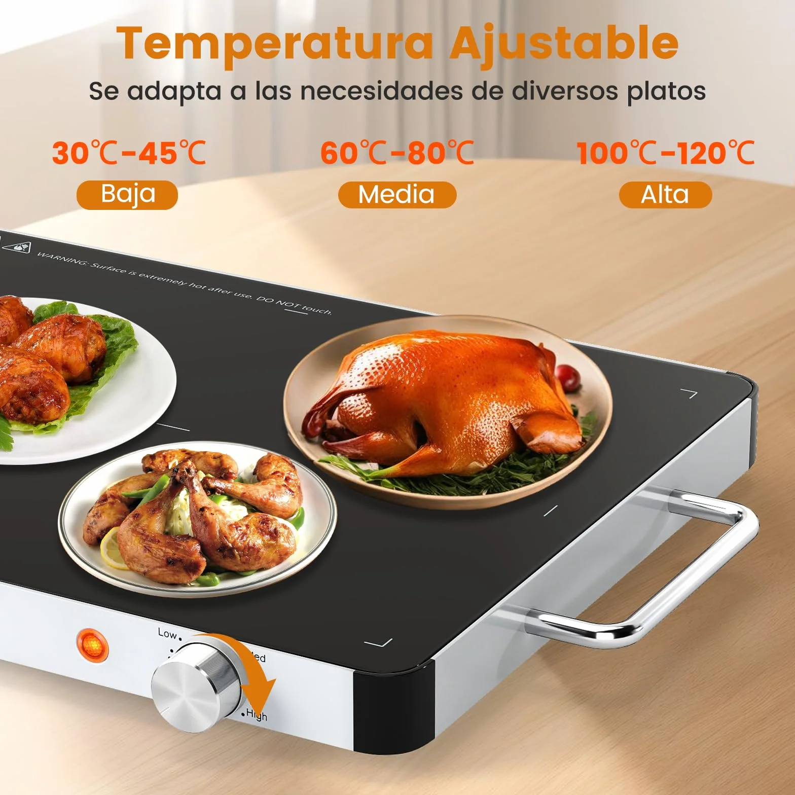 GOPLUS Bandeja de Calentamiento para Alimentos 300W 48x32 cm Vidrio Templado Temperatura Ajustable 3 Niveles