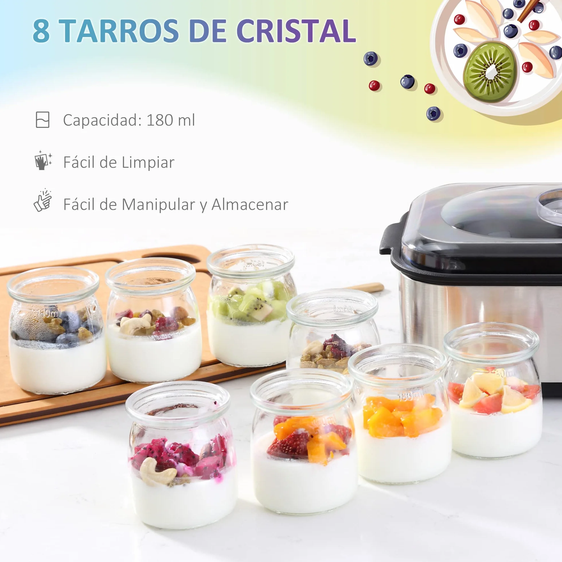 HOMCOM Yogurtera 25W 1,44L 8 Tarros de Cristal 180 ml Termostato Ajustable Temporizador 1-48 Horas Apagado Automático 36x18,8x14 cm Plata