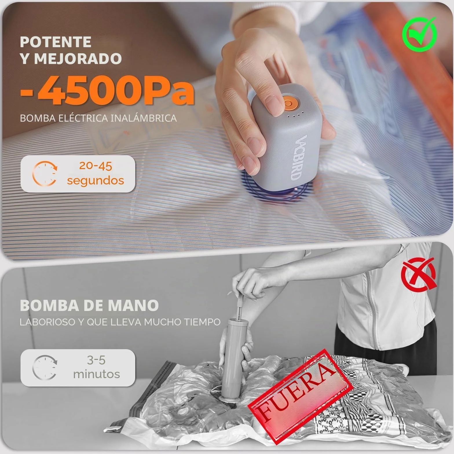 Vacbird Bomba de vacío eléctrica inalámbrica 4500 Pa portátil para comprimir ropa
