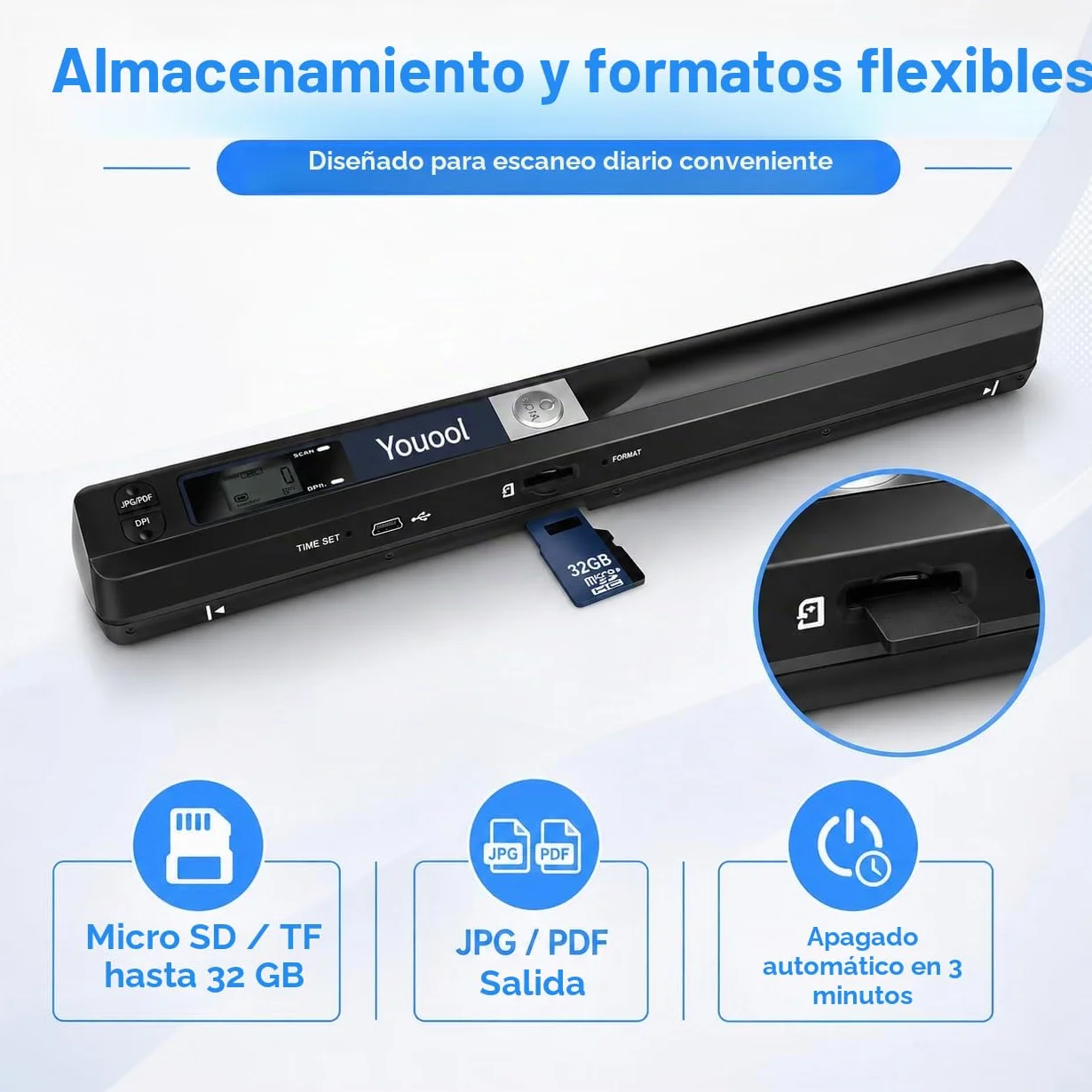 Mini escáner portátil de mano USB digitalización color 900 PPP A4 documentos JPG/PDF con tarjeta 16GB