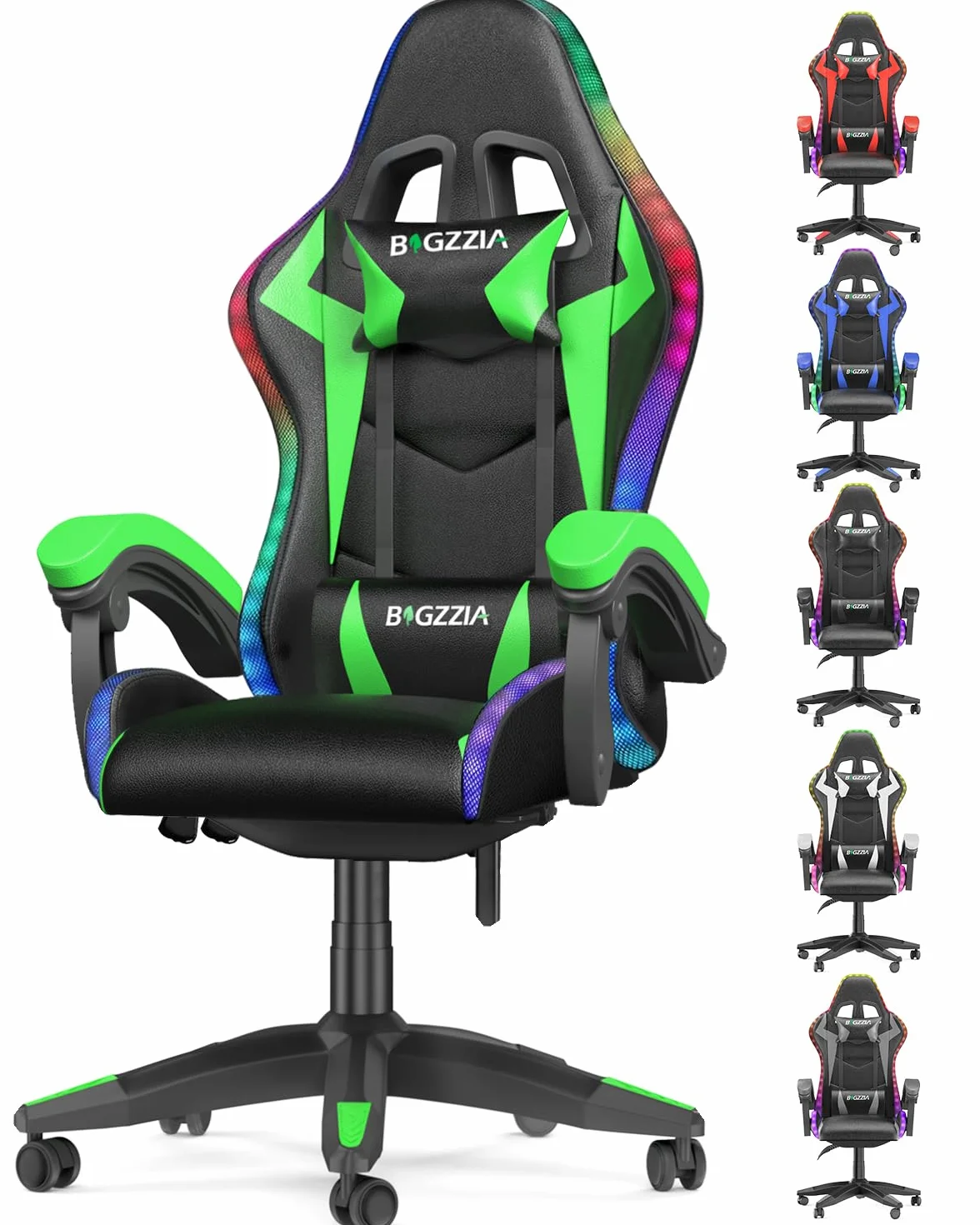 Silla Gaming con Luces LED, Ergonómica, Altura Regulable con Apoyo Lumbar y Reposacabezas, Respaldo Inclinable 155°, RGB Verde