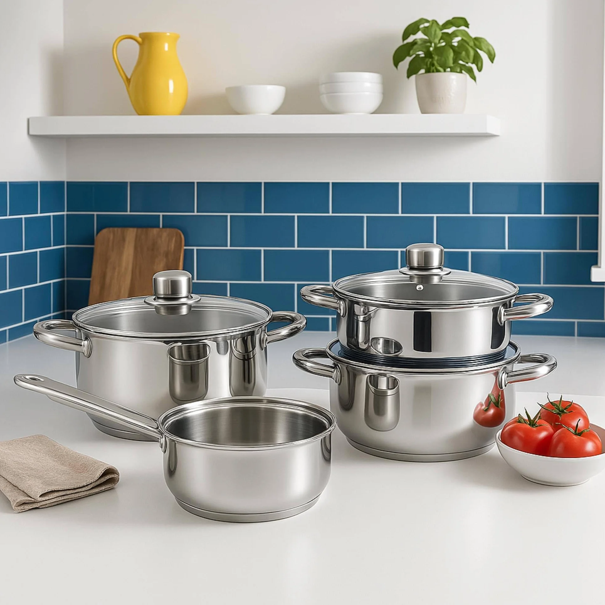 Bistro Series Set Batería de Cocina 7pc Acero Inoxidable + 3 Sartenes Negro Aluminio Prensado