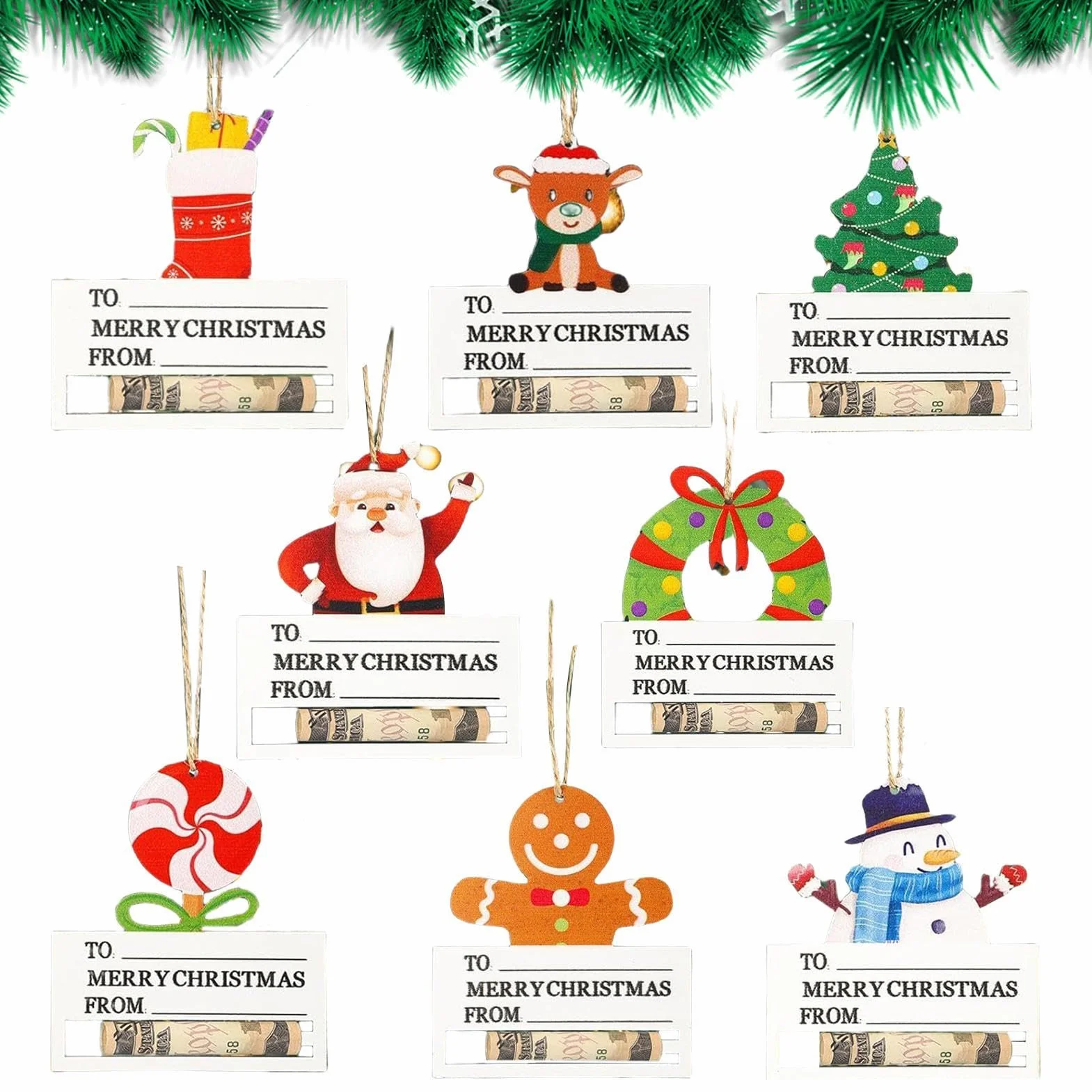 Porta dinero de Navidad para dinero en efectivo, 8 tarjetas de Navidad de madera, adornos de dinero para árbol de Navidad, tarjeta de dinero para dinero en efectivo