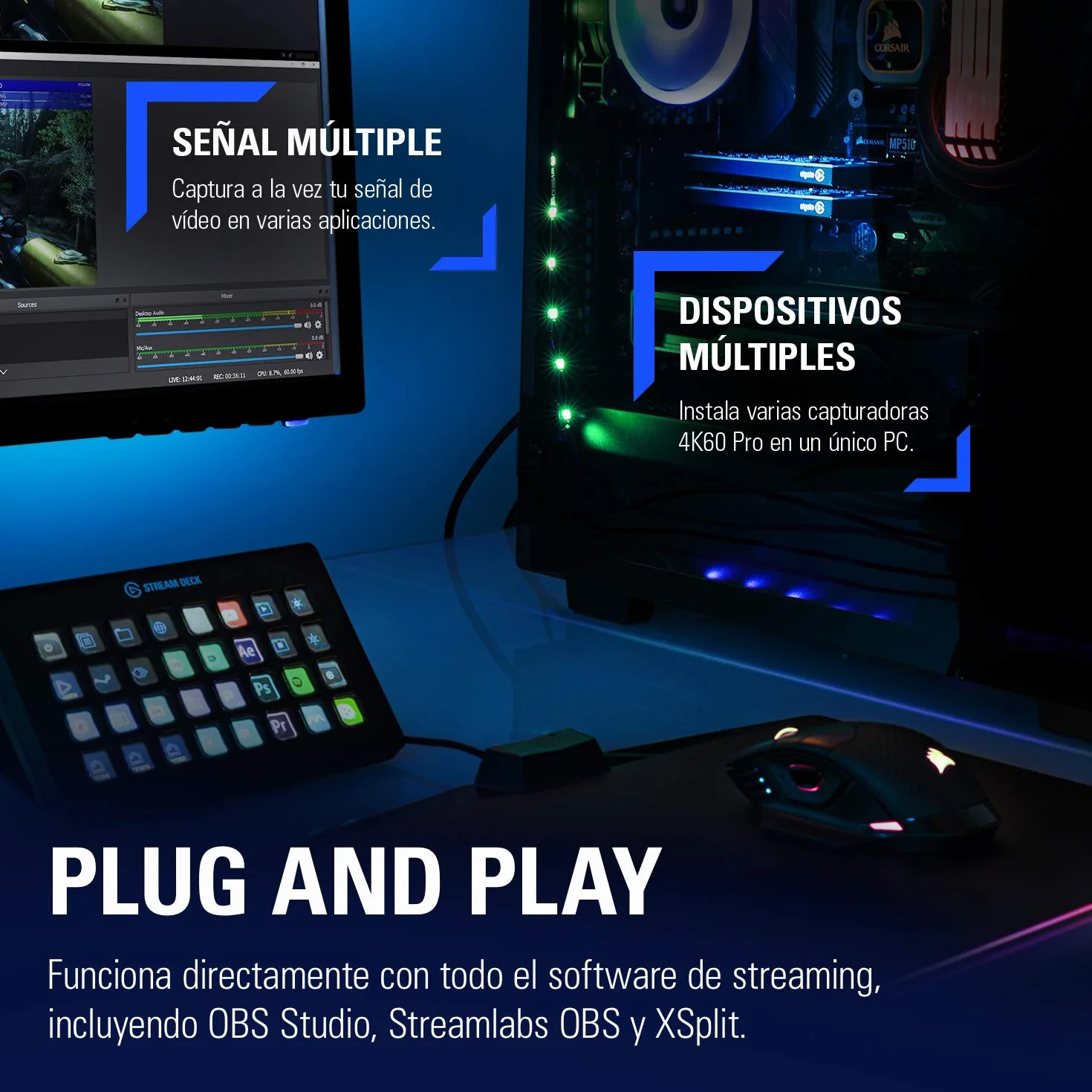 Corsair Game Capture 4K60 Pro MK.2 - Captura y traspaso de señal a 4K 60FPS HDR Captura, PCI x4 (Interno), Tecnología Visualización Instantánea de latencia ultrabaja