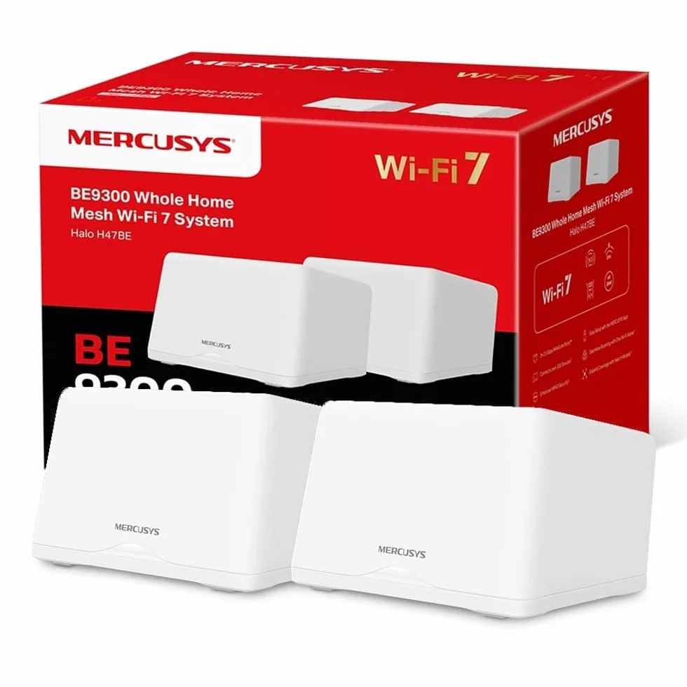 【Nuevo Wi-Fi7】 Mercusys Halo H47BE(2-Pack) - BE9300 Tri-Band Wi-Fi Mesh 7, hasta 9.3 Gbps, Cobertura de hasta 550 m², 3X 2.5G Puertos, fácil config de App | Conecta más de 200 Dispositivos