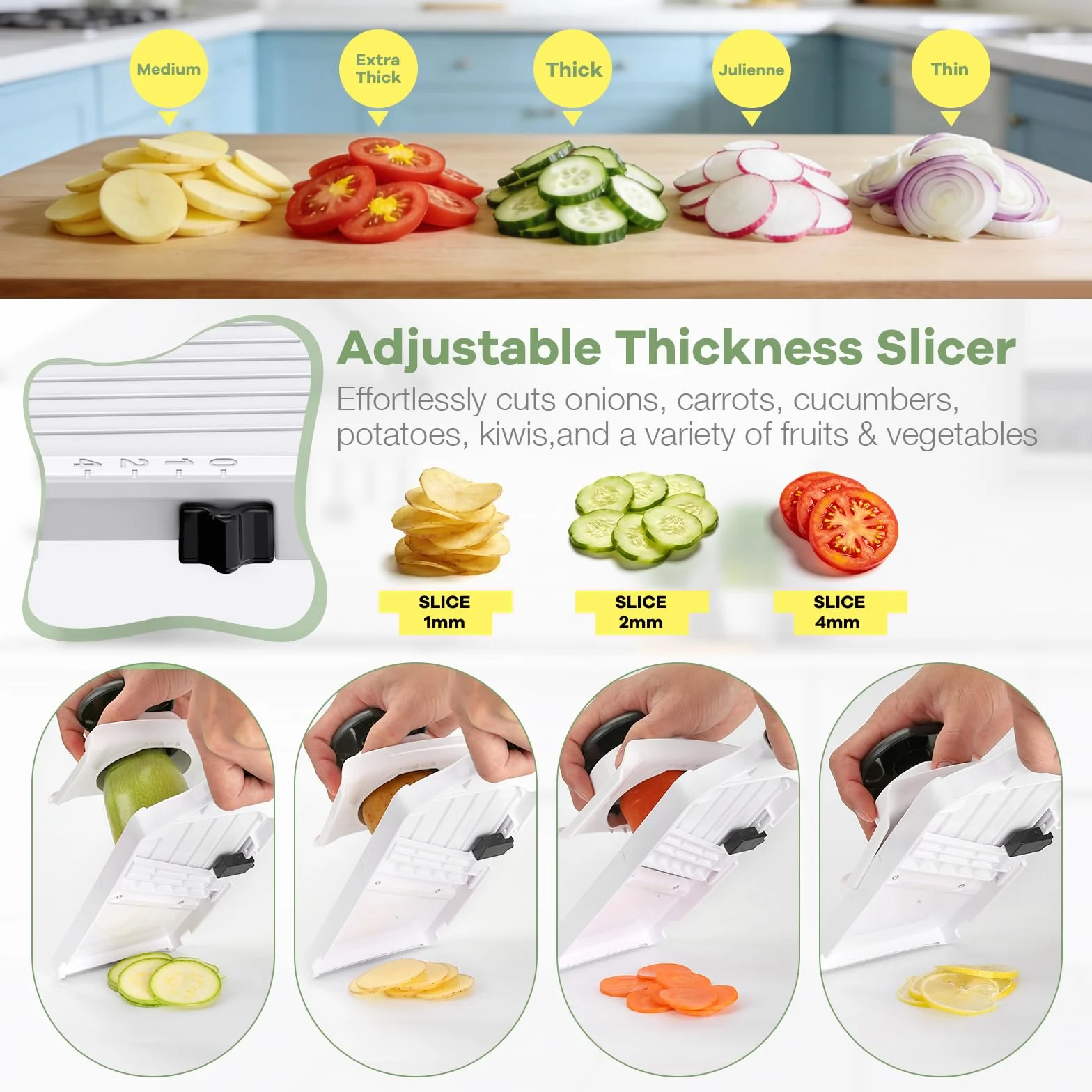 Ibergrif M526 Mandolina de Cocina Ajustable 1-4 mm, Cortador de Verduras Manual con Protector de Dedos