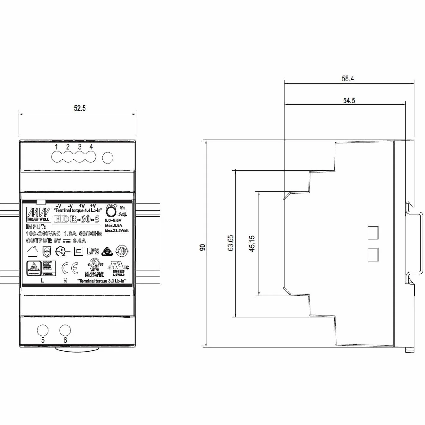 MeanWell HDR-60-5 32W 5V 6,5A Alimentación de Din Rail DIN-RAIL