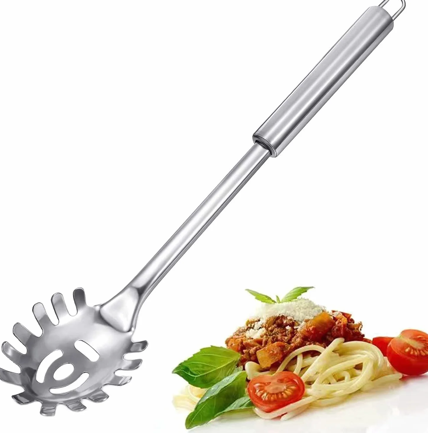 Cuchara de espagueti de acero inoxidable 12 pulgadas, cucharón de pasta con mango ergonómico