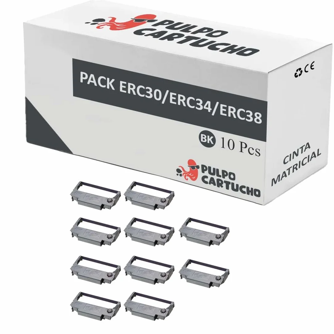 Pulpo Cartucho - Pack de 10 Cintas Matriciales ERC30 / ERC34 / ERC38 Negro Compatibles con Epson ERC-30 / ERC-34 / ERC-38 / Ref. C43S015374 - Valido para Impresoras Matriciales Epson (Ver Descripción)