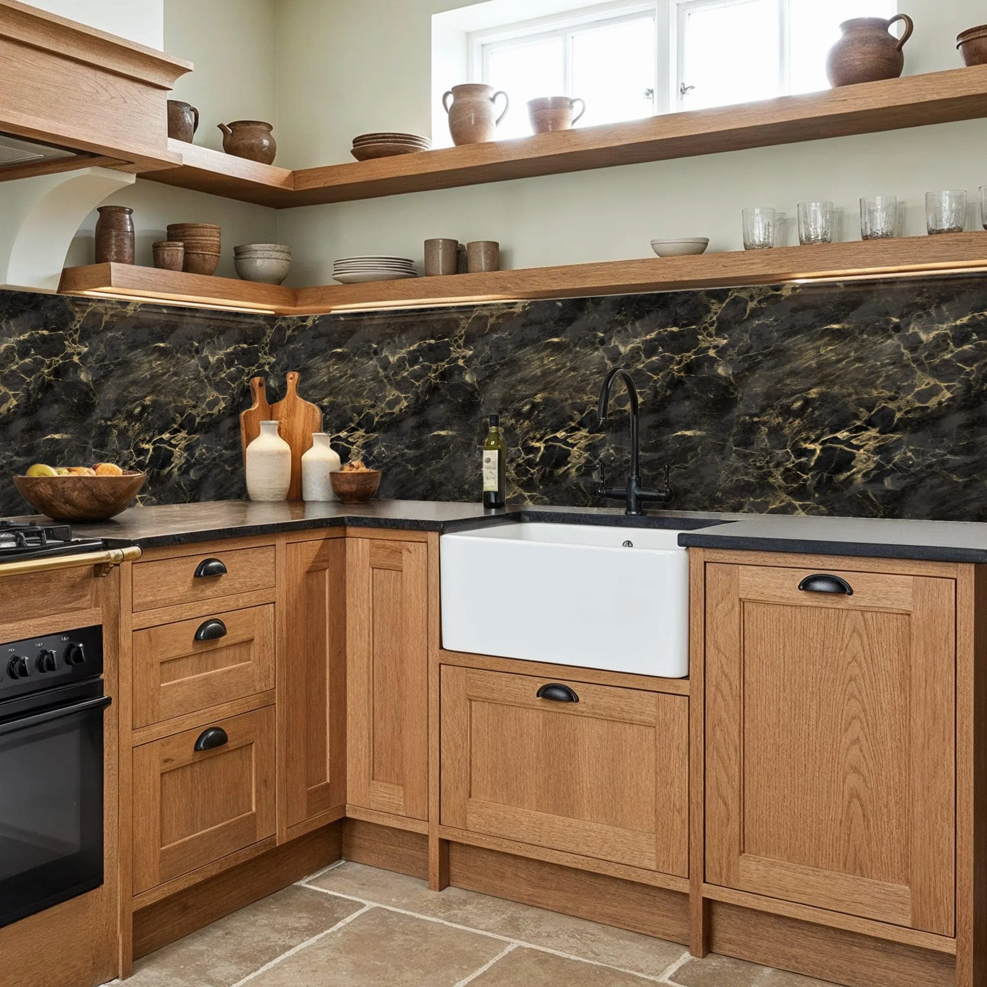 KitchenYeah Antisalpicaduras Cocina 80x400 cm Adhesivo Salpicadero Protector Negro Mármol Oro