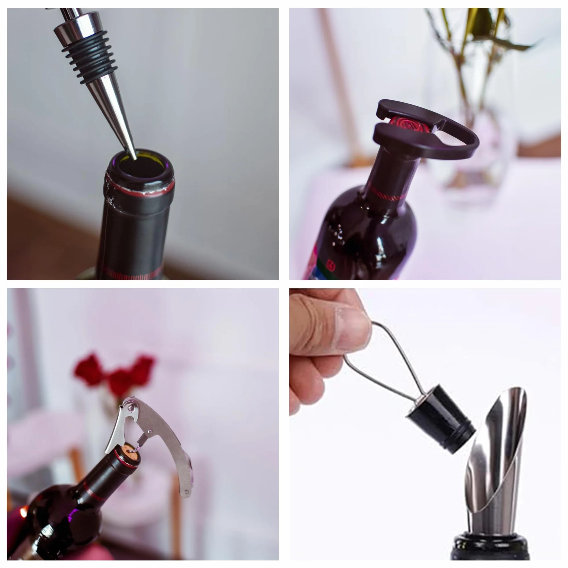 Juego de accesorios para abrebotellas de lujo – Sacacorchos con corta cápsula, anillo de goteo, vertedor y tapón de vino