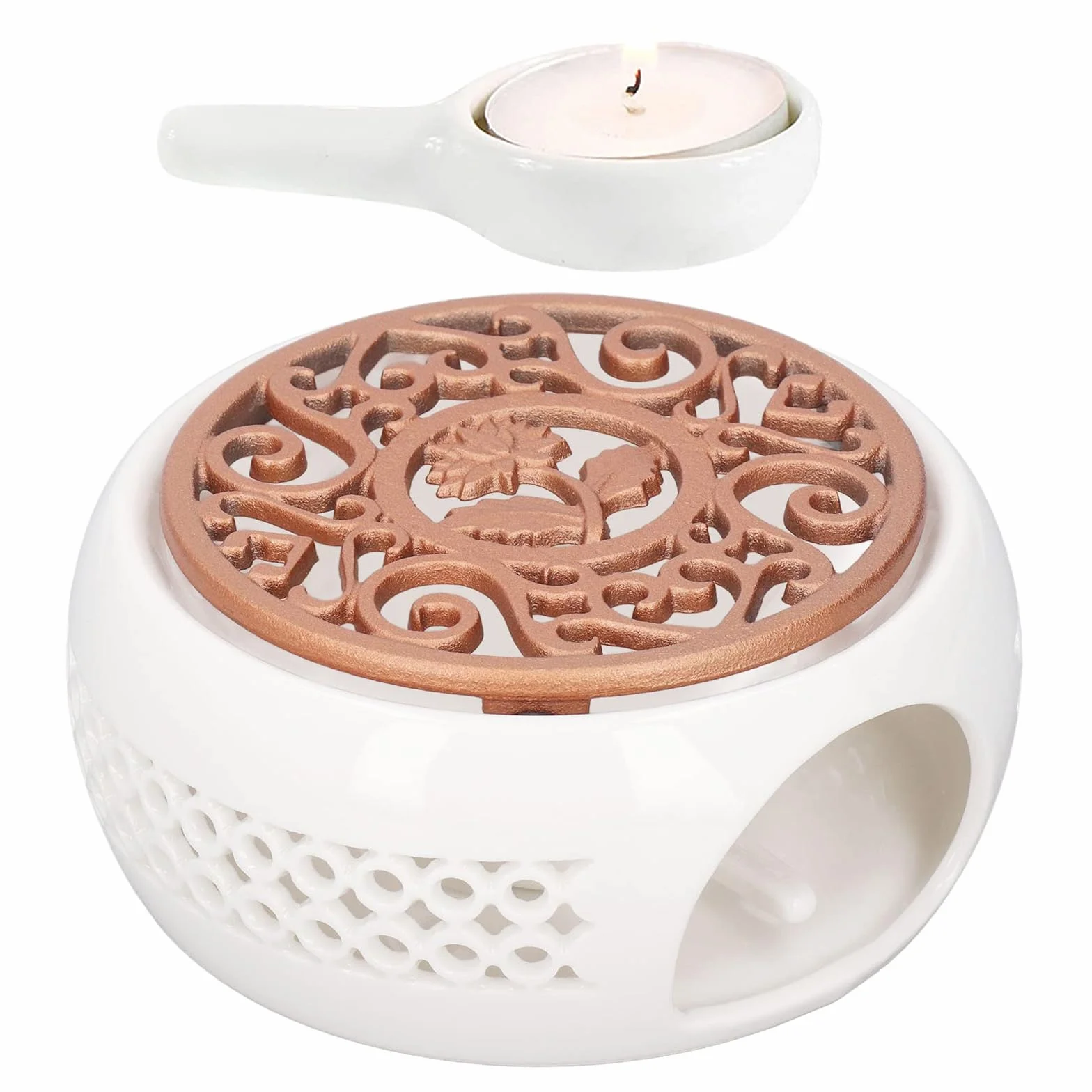 Calentador de Tetera Porcelana Calentador de Té Cerámica con Cuchara y Estufa Tapete Base Calentadors de Café de Diseño Tallado Hueco para conservar el Calor Té Leche (Blanco)