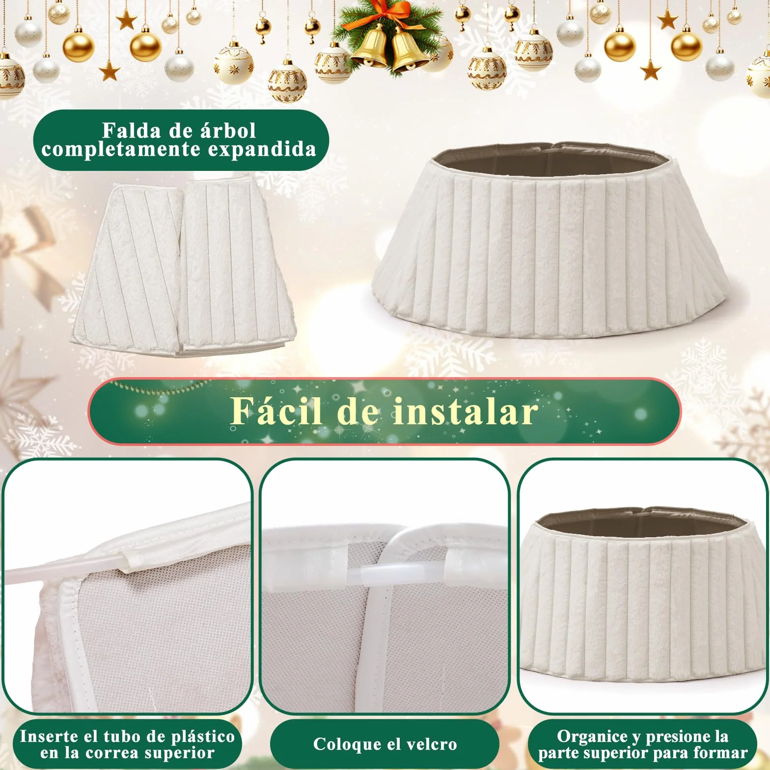 Collar de Árbol de Navidad 60cm Piel Sintética Falda Cubre Base Alfombra Decoración Navideña Interior Blanco