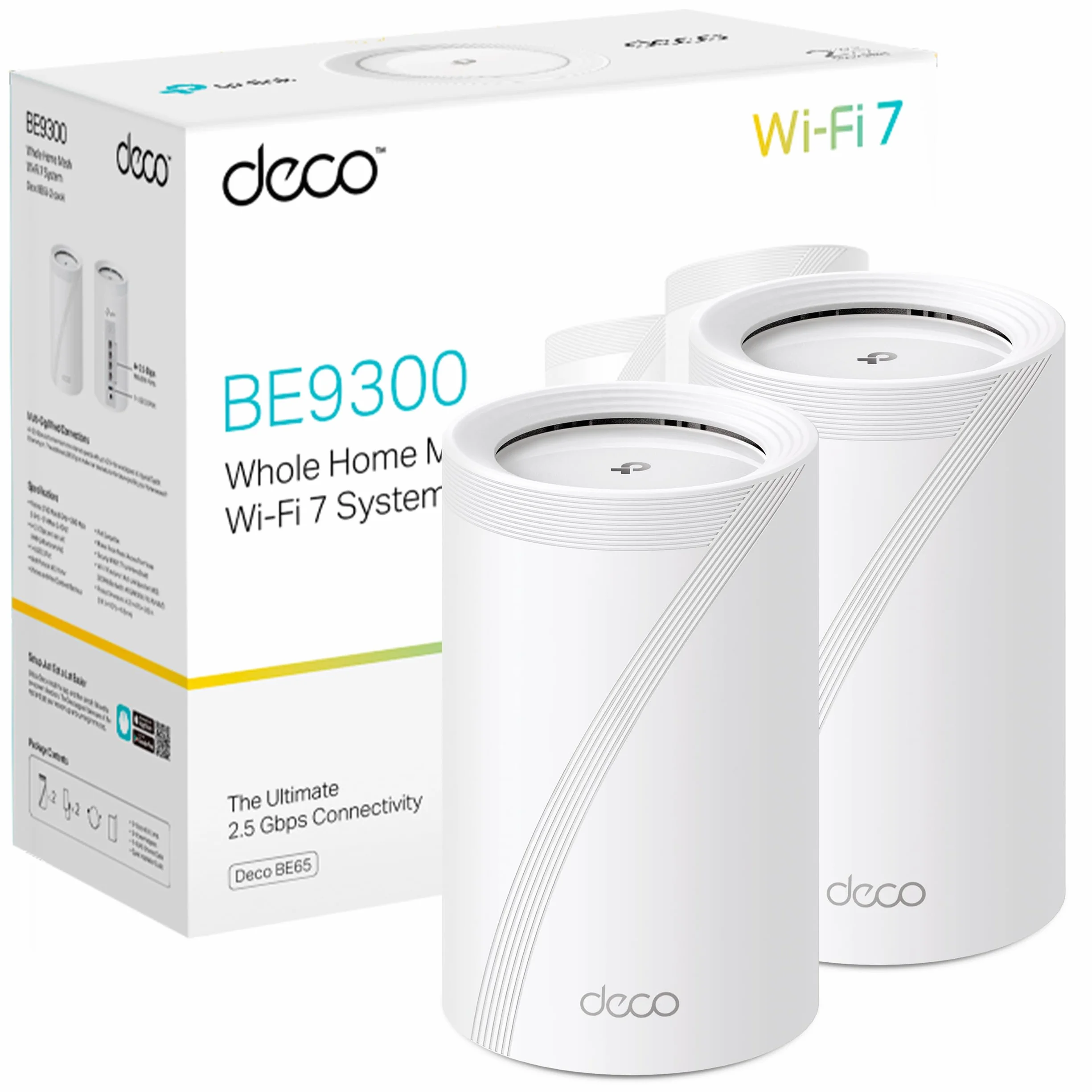 TP-Link Deco BE65(2-Pack) - WiFi 7 Mesh BE9300 Deco Tri-Band BE65 (Paquete de 2), Puerto Ethernet/Fibra 2.5 Gbps, Velocidad WiFi de hasta 9 Gbps, WPA3, Canales de 320 MHz, 6 GHz
