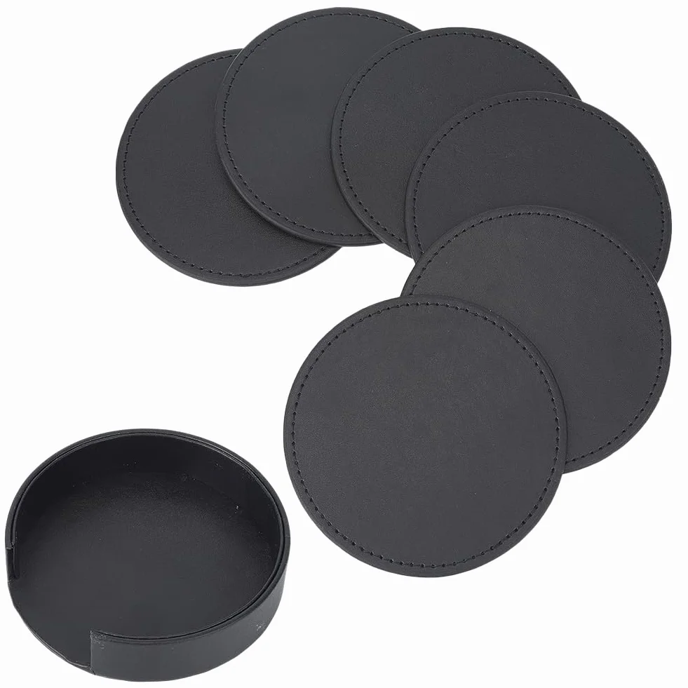 Posavasos de Cuero Sintético de 6cm Redondos Negros Antideslizantes con Protección contra Derrames