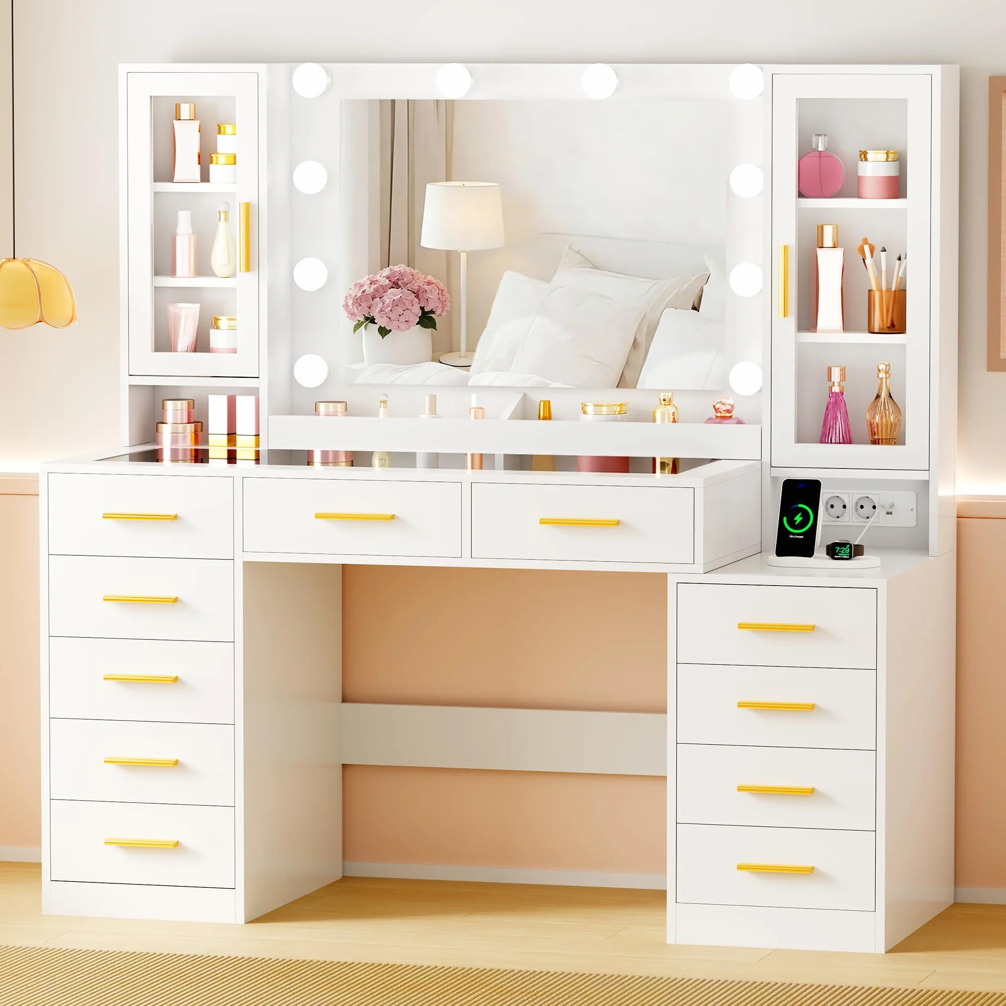ANWBROAD Tocador con Espejo y Luz LED 135cm, Mesa de Maquillaje con Enchufes, Puertas de Vidrio Templado, 11 Cajones, Blanco BDT23W