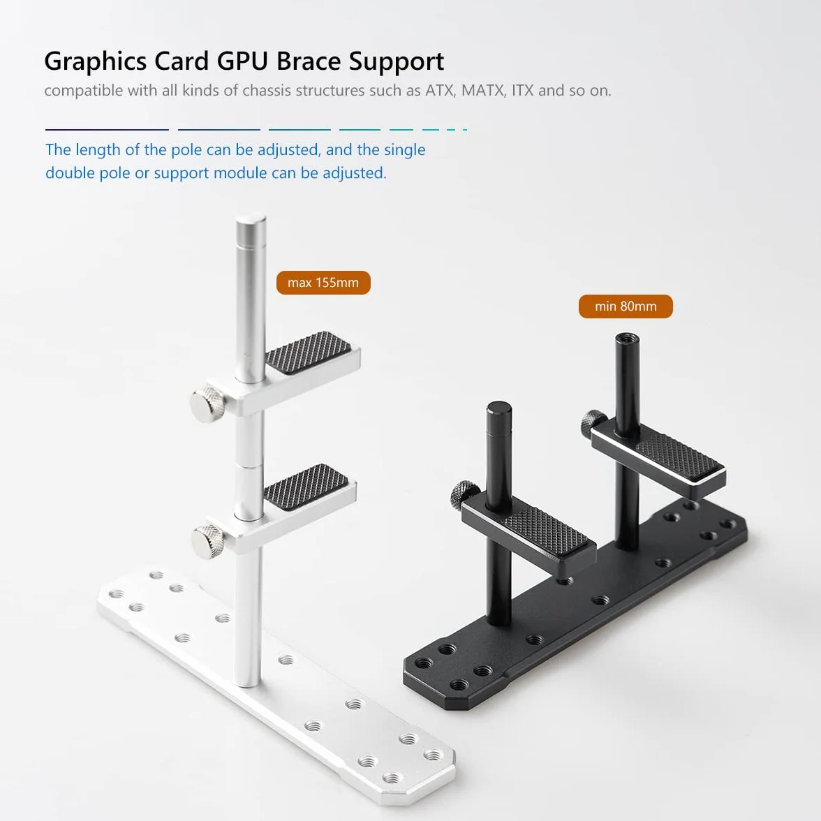 Soporte de GPU ajustable, barra doble, altura ajustable para tarjeta gráfica, soporte para tarjeta gráfica vertical, componentes de PC,aluminio (80-150 mm negro)