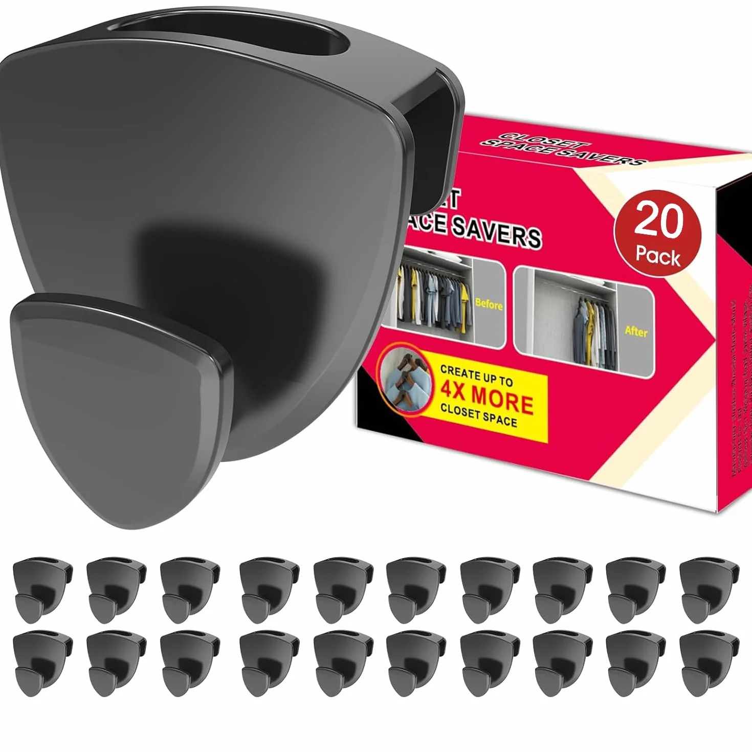 Perchas Ahorra Espacio 20 Unidades – Organizador de Armario Reforzado 20 kg, Perchas Resistentes para Ropa, Negro
