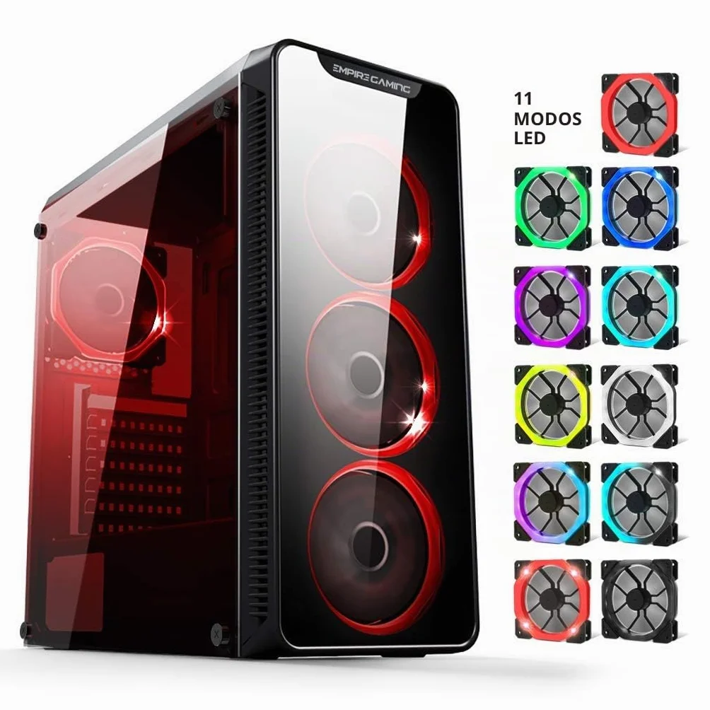 EMPIRE GAMING Warmachine - Caja PC Gamer –Torre Mediana ATX - 4 Ventiladores silenciosos - LED RGB Dual Ring: retroiluminación 11 Modos - Parte Delantera y Pared de Vidrio Templado