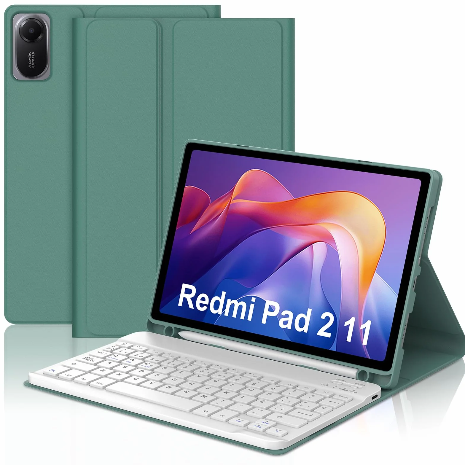 FOGARI Teclado para Redmi Pad 2 11" 2025, Funda para Xiaomi Redmi Pad 2 con Español Ñ Teclado Bluetooth Magnético Desmontable para Tablet Redmi Pad 2 11" 2025, Verde Oscuro