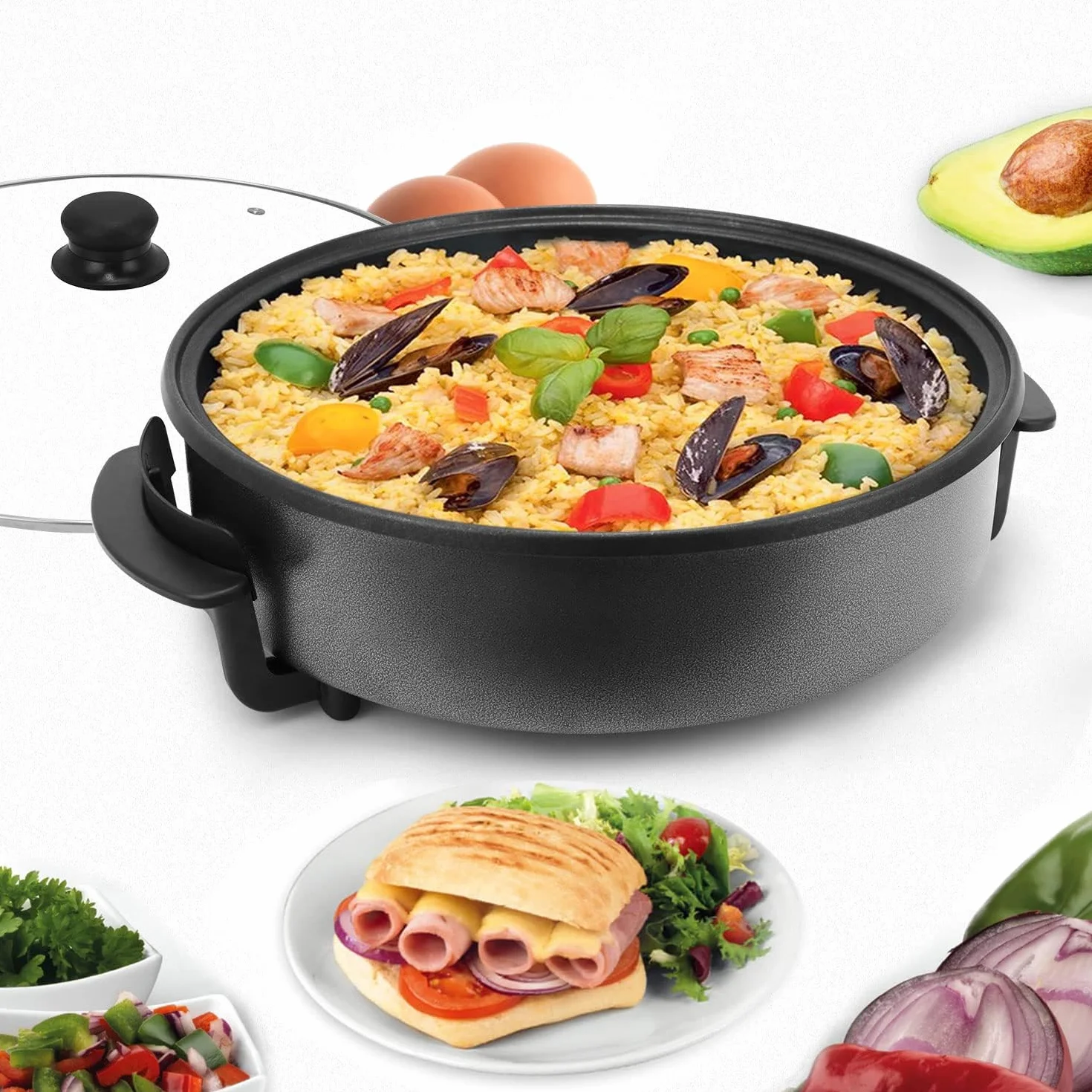 Sartén multifunción de 9,6 litros, con tapa, 42 x 7 cm, 1500 W, sartén eléctrica para pizza, sartén eléctrica para fiestas