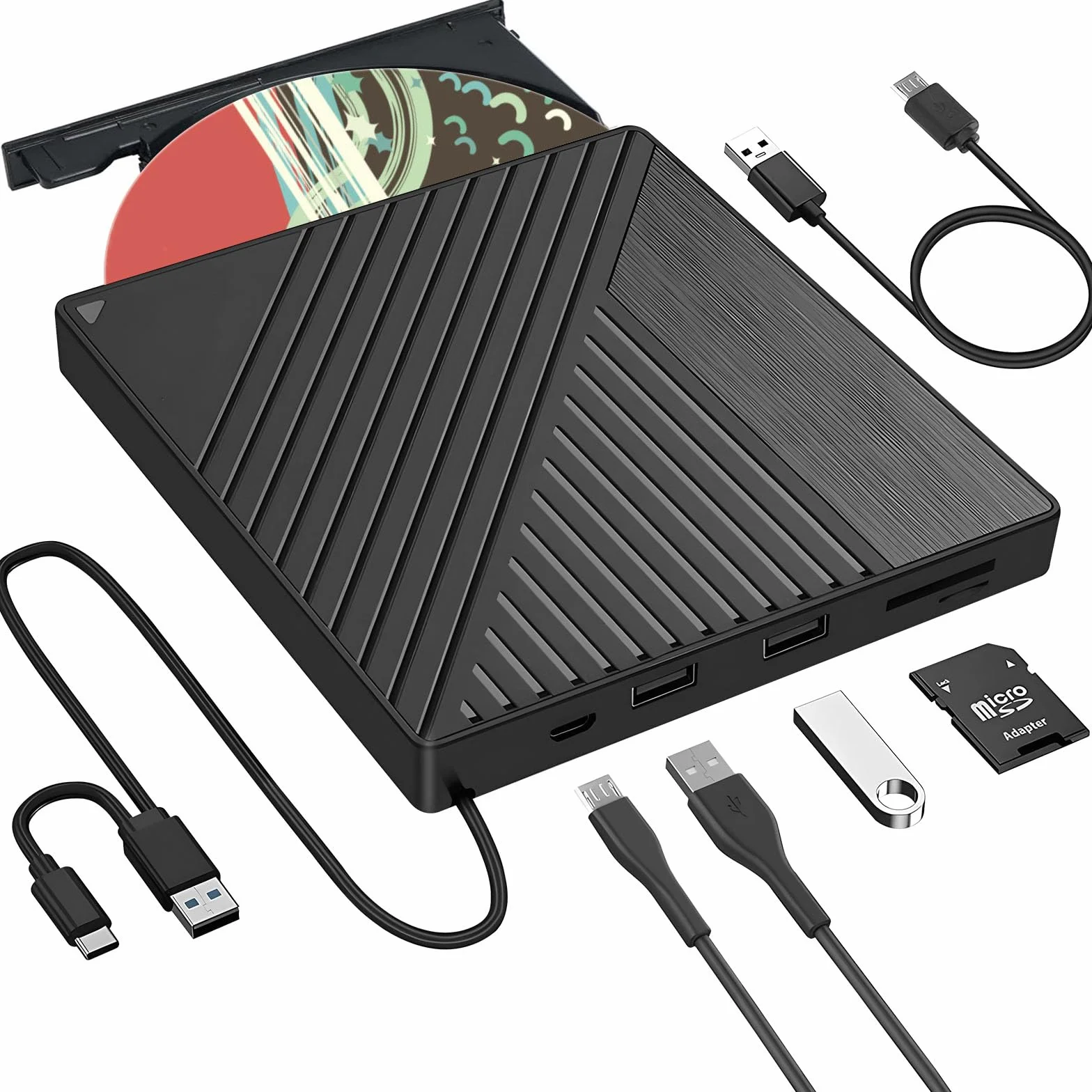 Lector DVD Externo ara PC, Lector CD Externo, USB 3.0 grabadora DVD Externa, Tarjetas SD TF y 2 Puertos USB,Disquetera Externa USB Win11/Win10/Win7/Win 8.1/Linux,Vista MacBook Mac OS