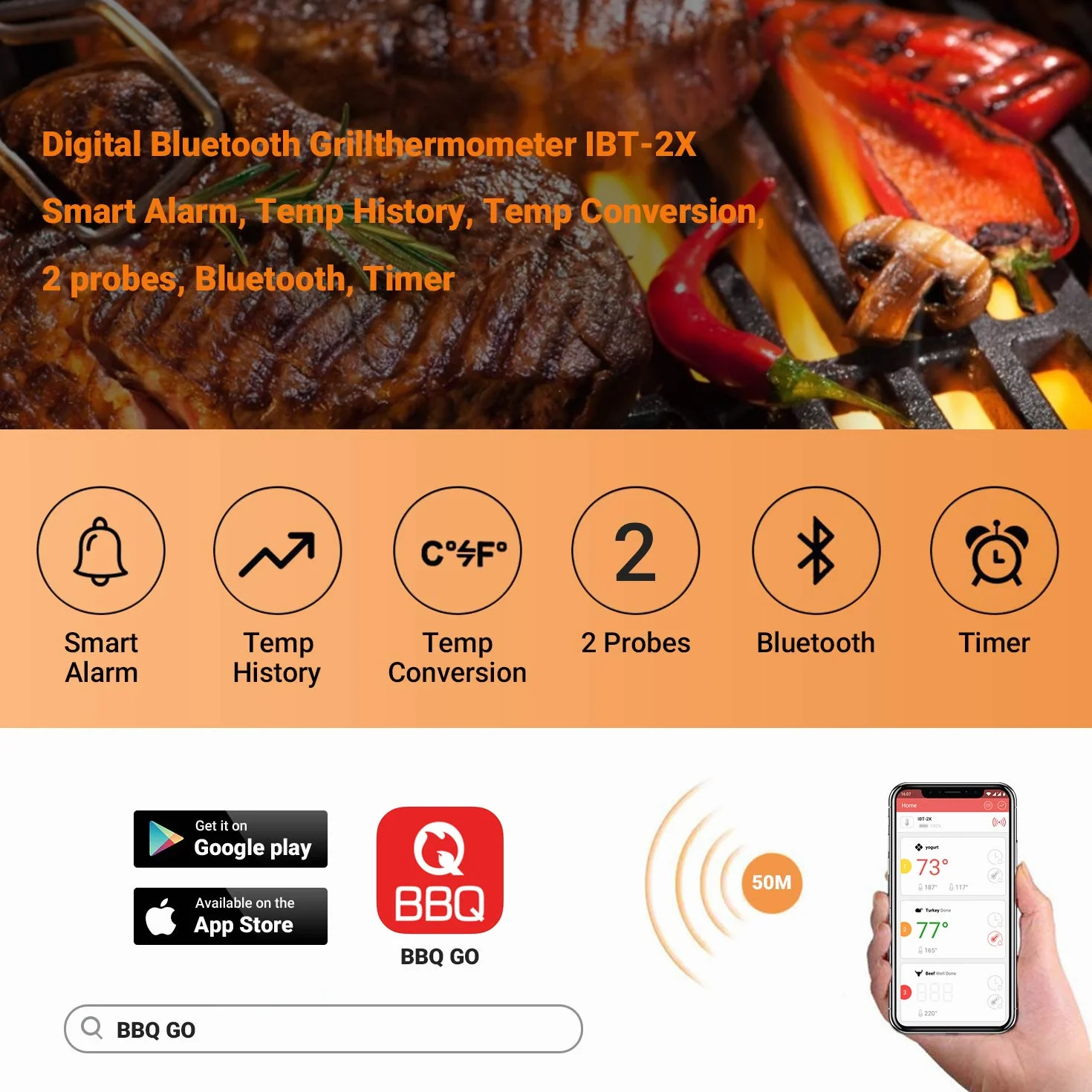 Inkbird IBT-2X Bluetooth Termometro cocina para Barbacoa,Termometros para carne, Sondas de Acero Inoxidable, Portátil, Temporizador, Pantalla LED, Función de Alarma, Apto para Asar Carne,Líquidos