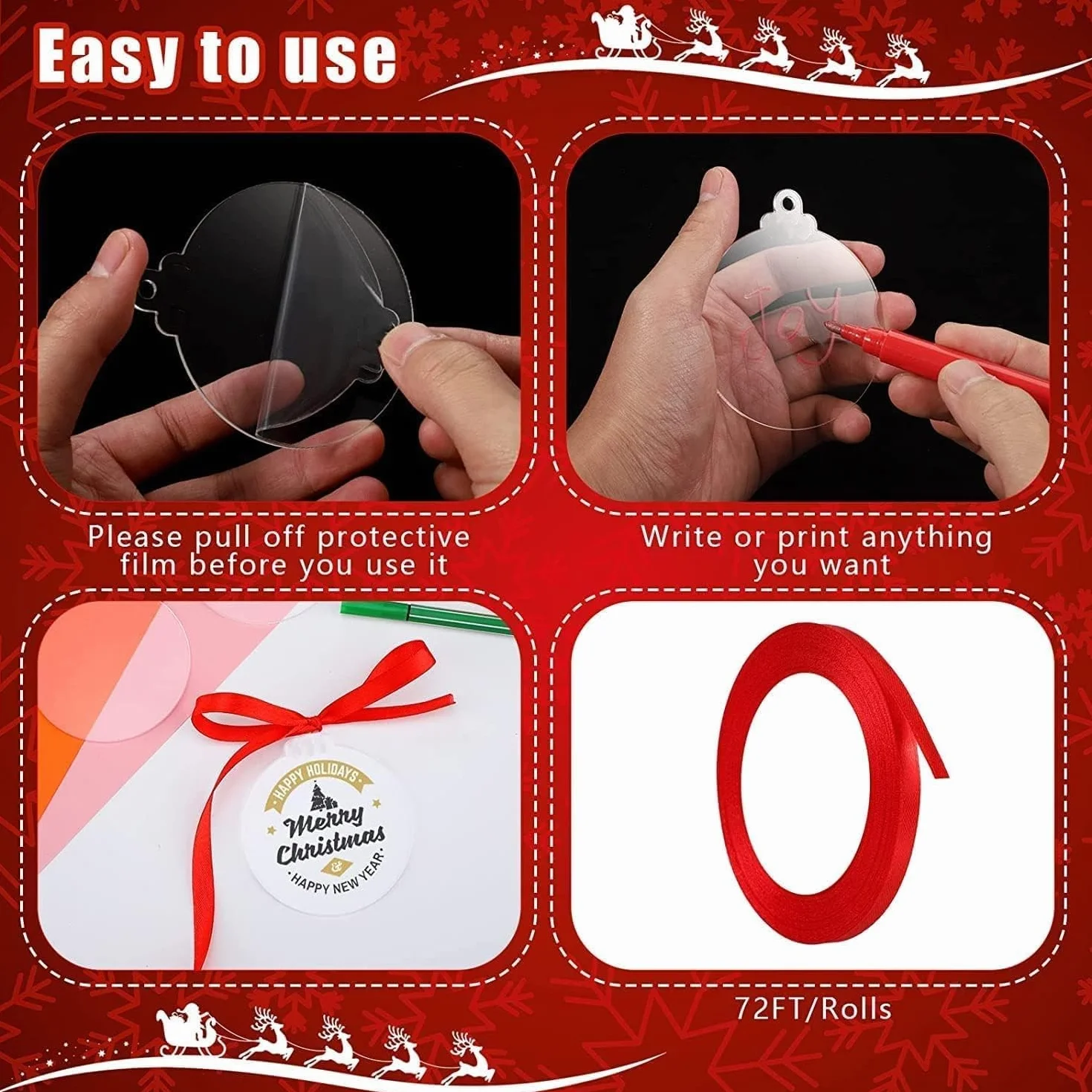 Adorno de Navidad 60 Piezas Disco de Acrílico Transparente 7,6CM Redondo con Cinta Roja para Árbol de Navidad