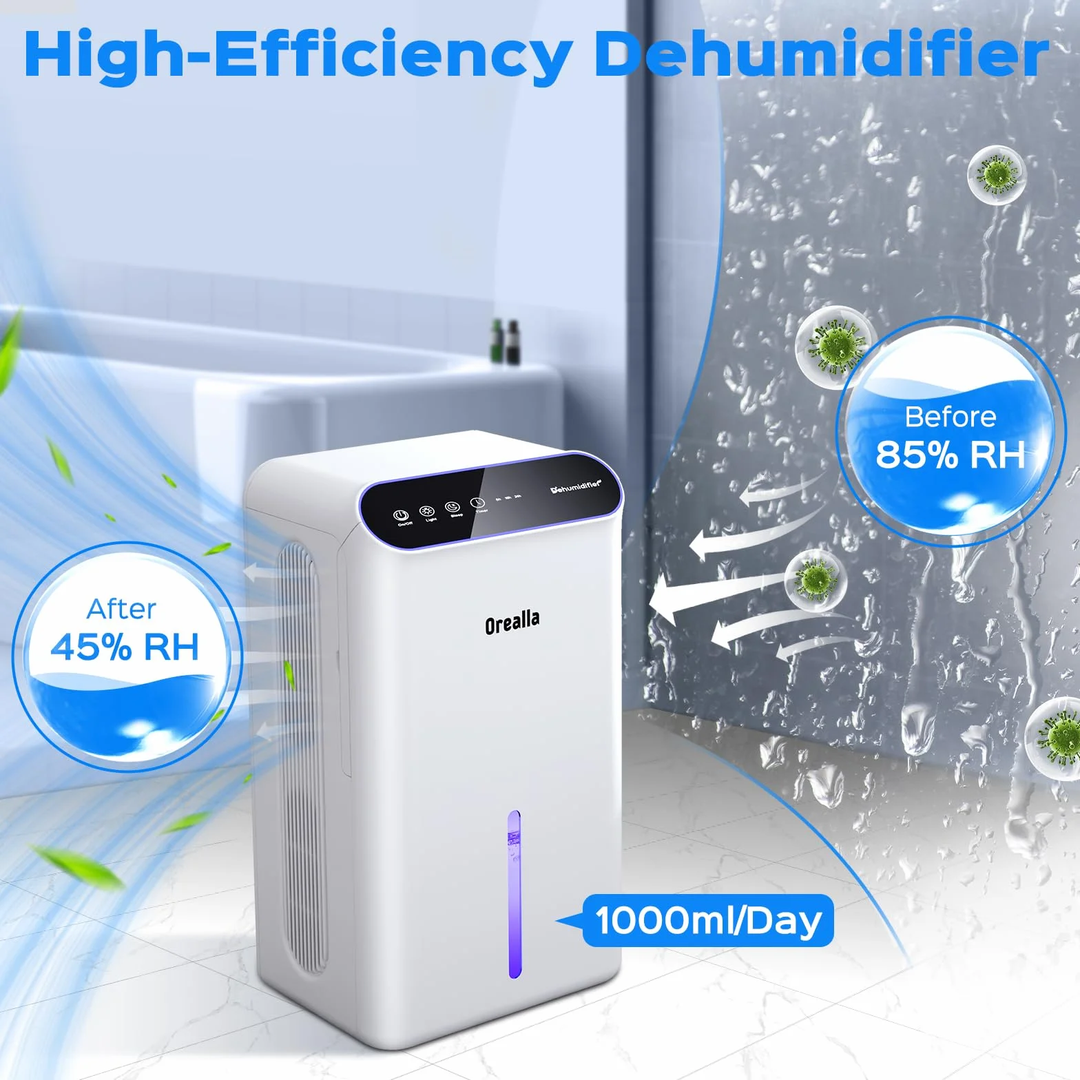 Deshumificador Eléctrico 2.5L con Temporizador 24H Modo Sueño Pantalla LCD para Baño Sótano Salón