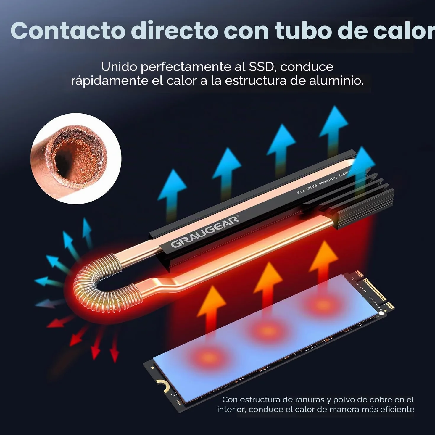 GRAUGEAR HeatPipe para SSD M.2 NVMe (2280), PS5 Pro y PS5 Slim, para expansión de memoria Playstation con cubierta a prueba de polvo