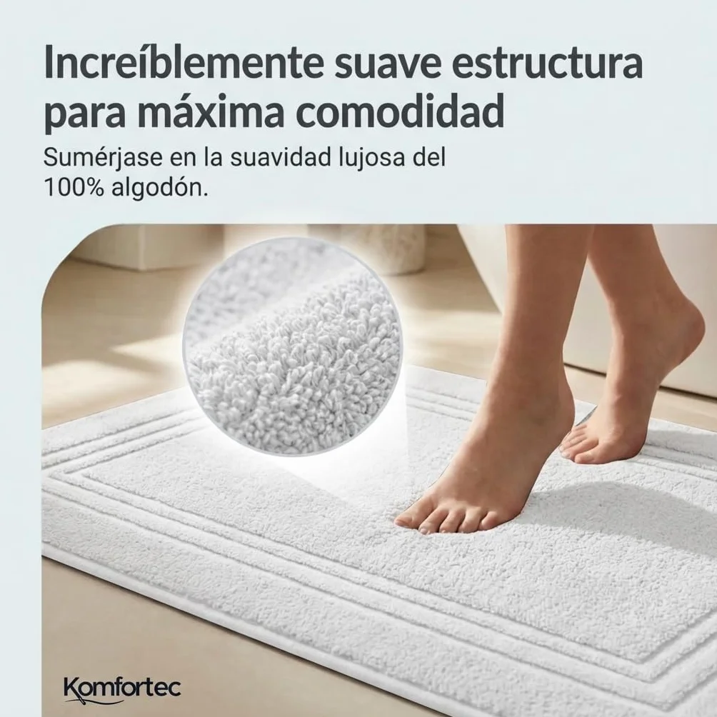 Alfombras de Baño de Algodón 50x70 600 g/m² Absorbente Secado Rápido Blanco Komfortec